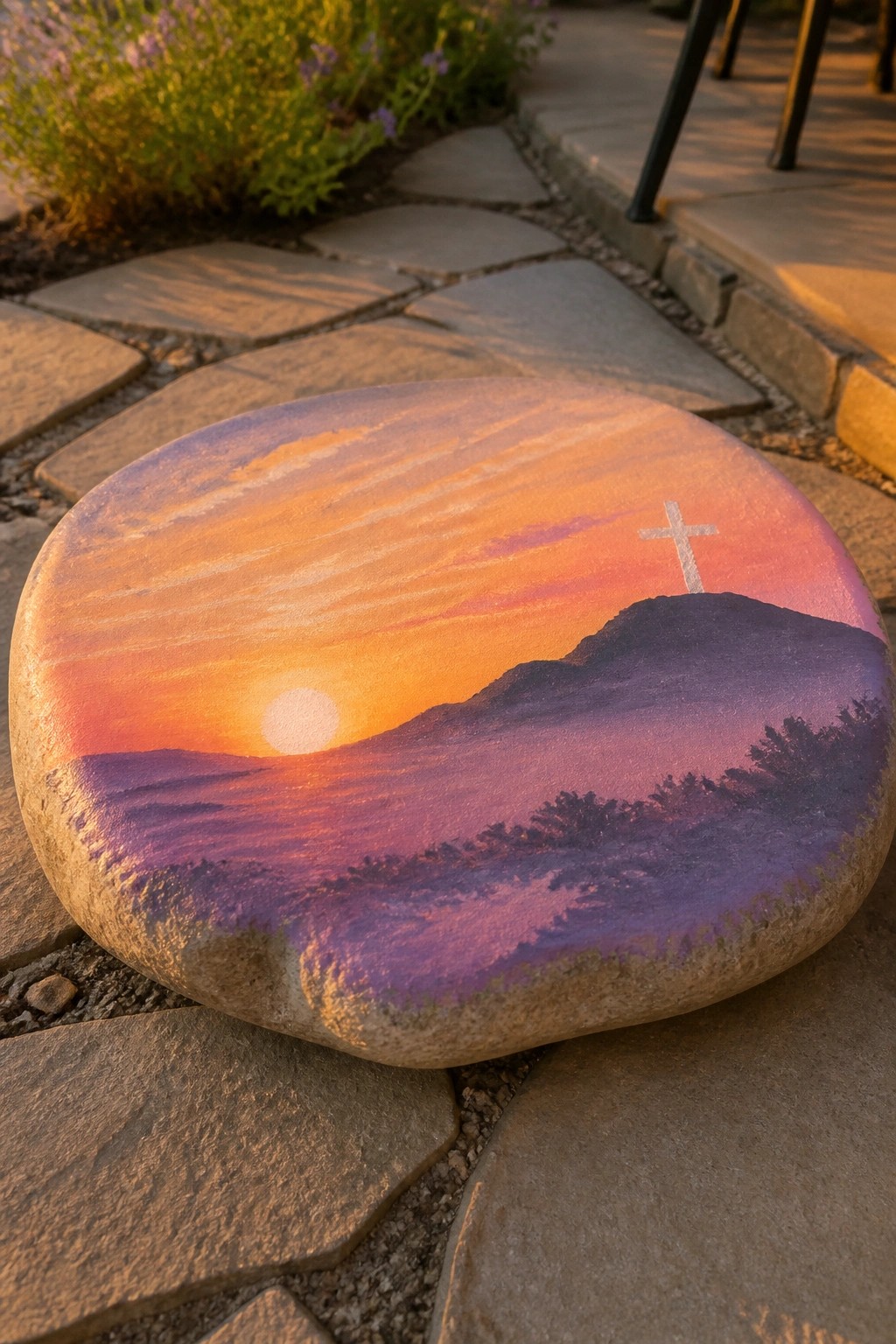 A rounded stone painted with an orange and purple sunset, a sun, hills, and a white cross on a hill rests on a stone path.