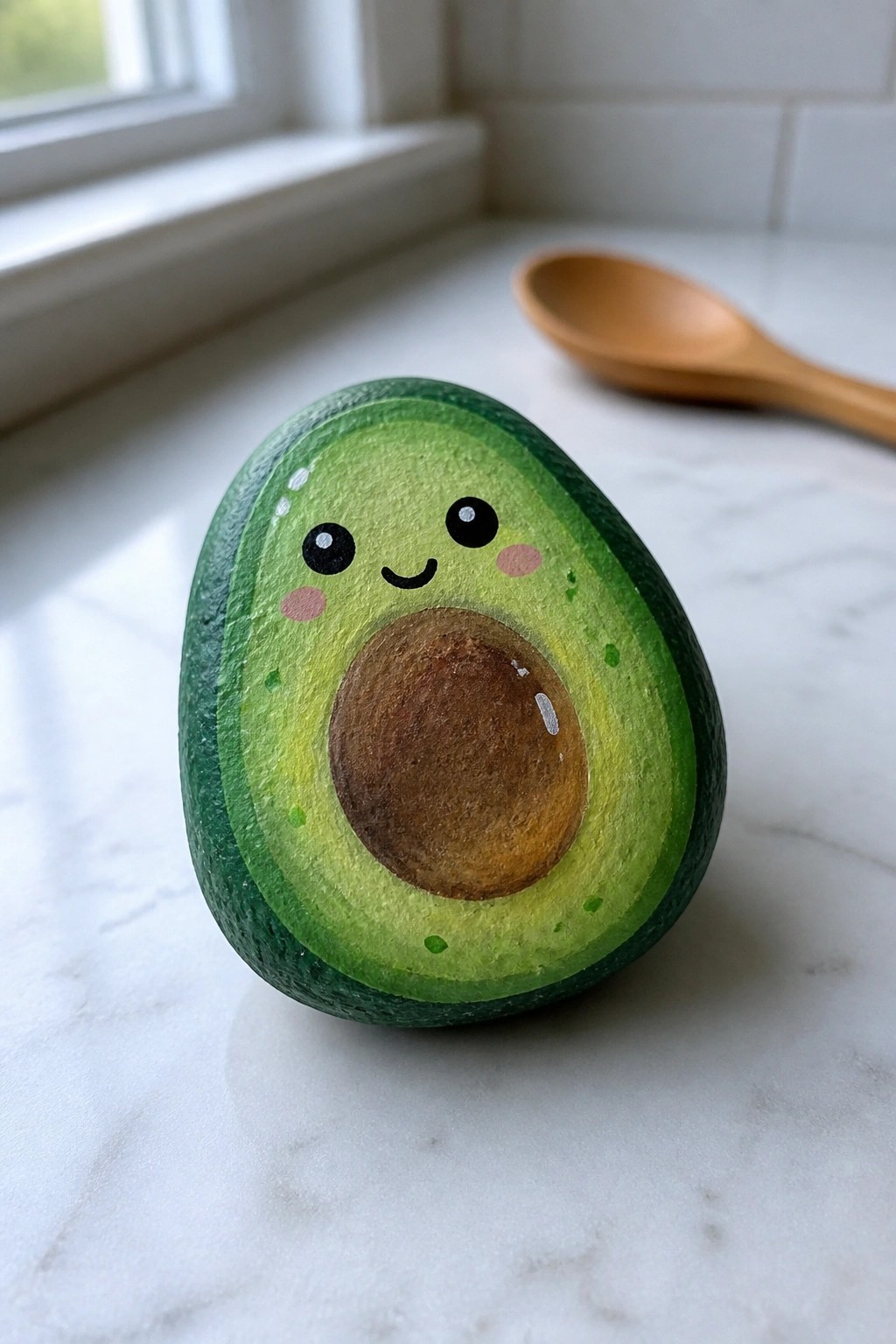 Cute painted avocado rock with kawaii face on marble kitchen counter near spoon