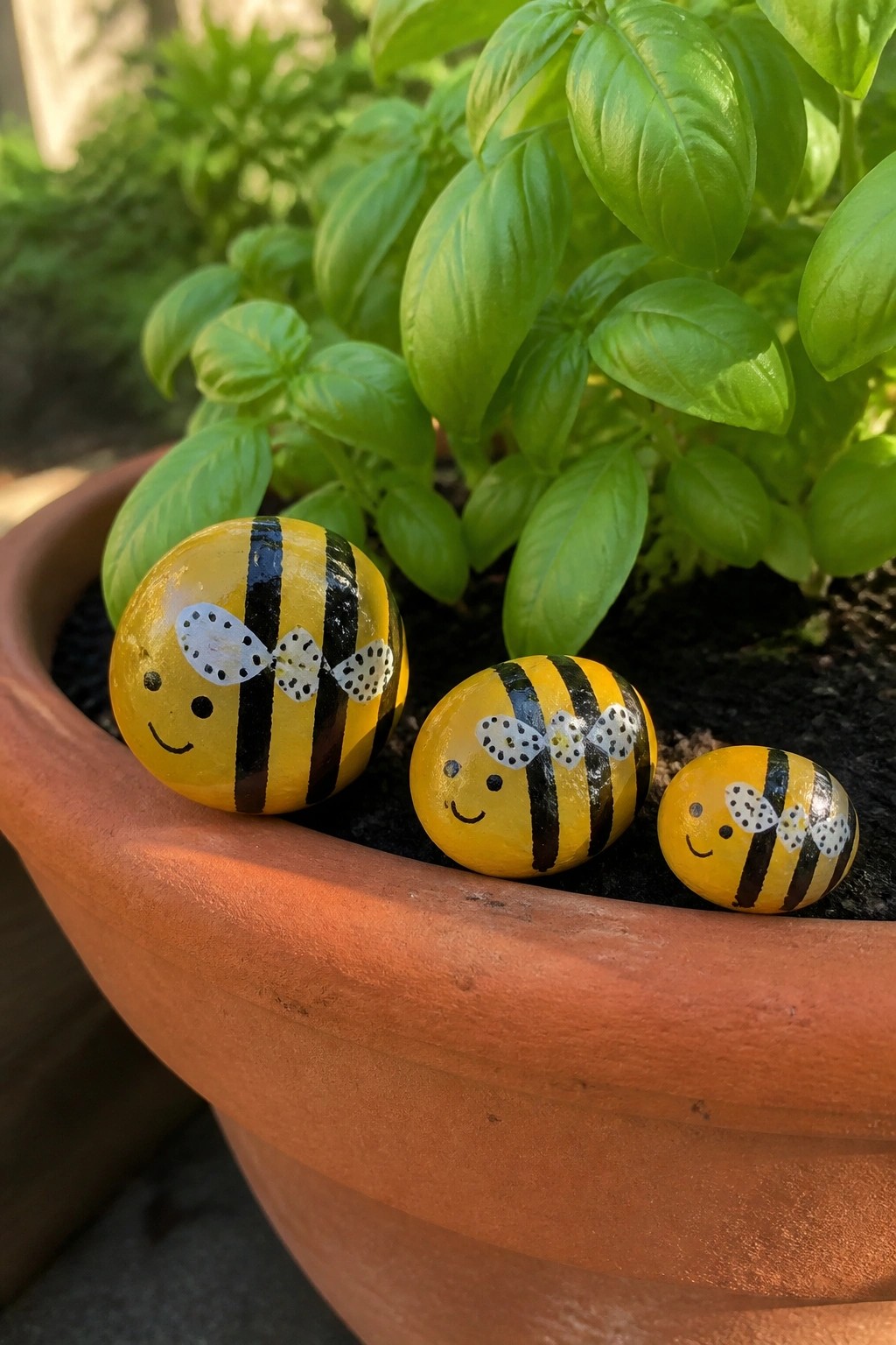 Three smiling bee rocks with striped bodies in a terracotta plant pot.