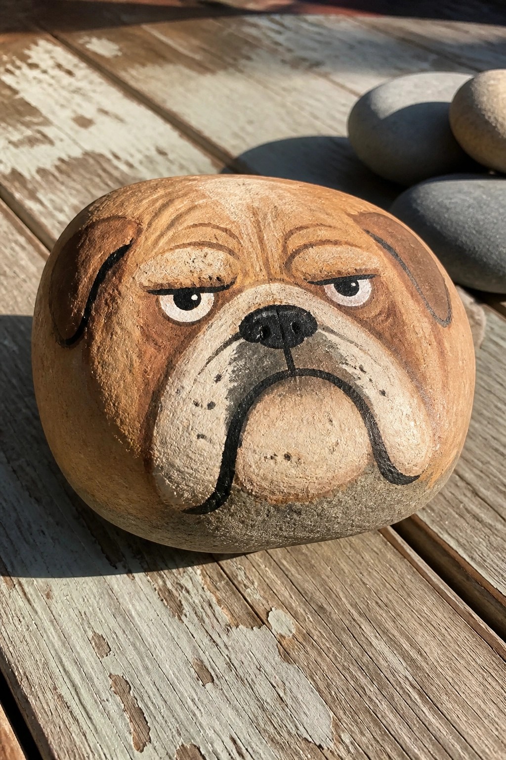 Painted brown rock resembling a grumpy bulldog's face on weathered wood.