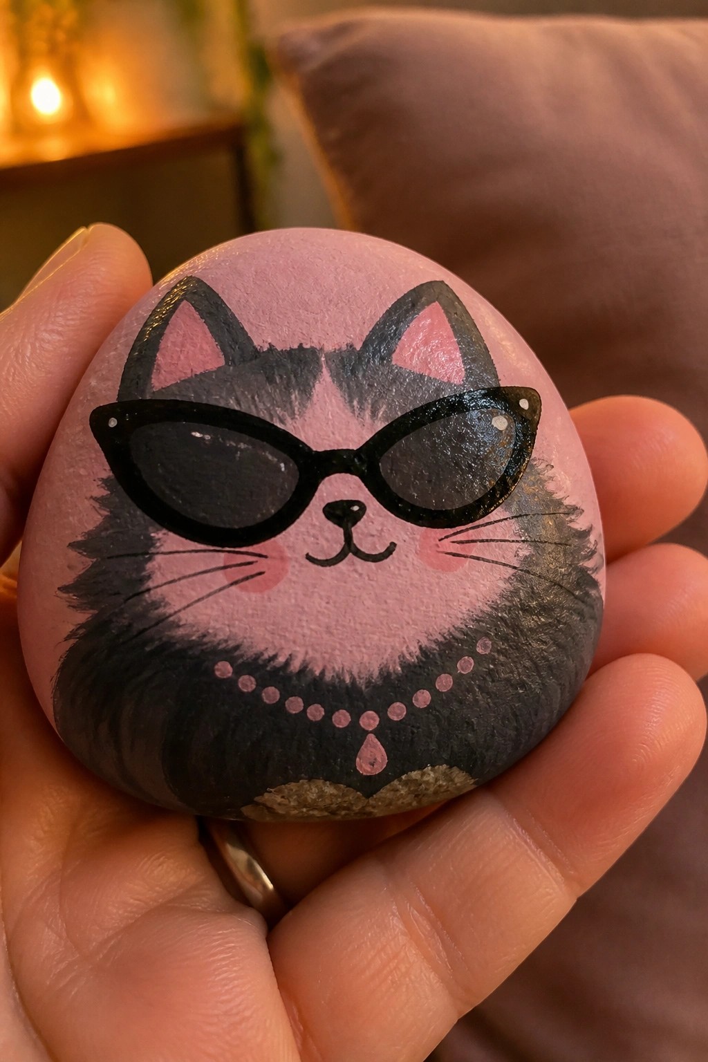 Hand holding pink painted rock with cat face, sunglasses, and dotted necklace.