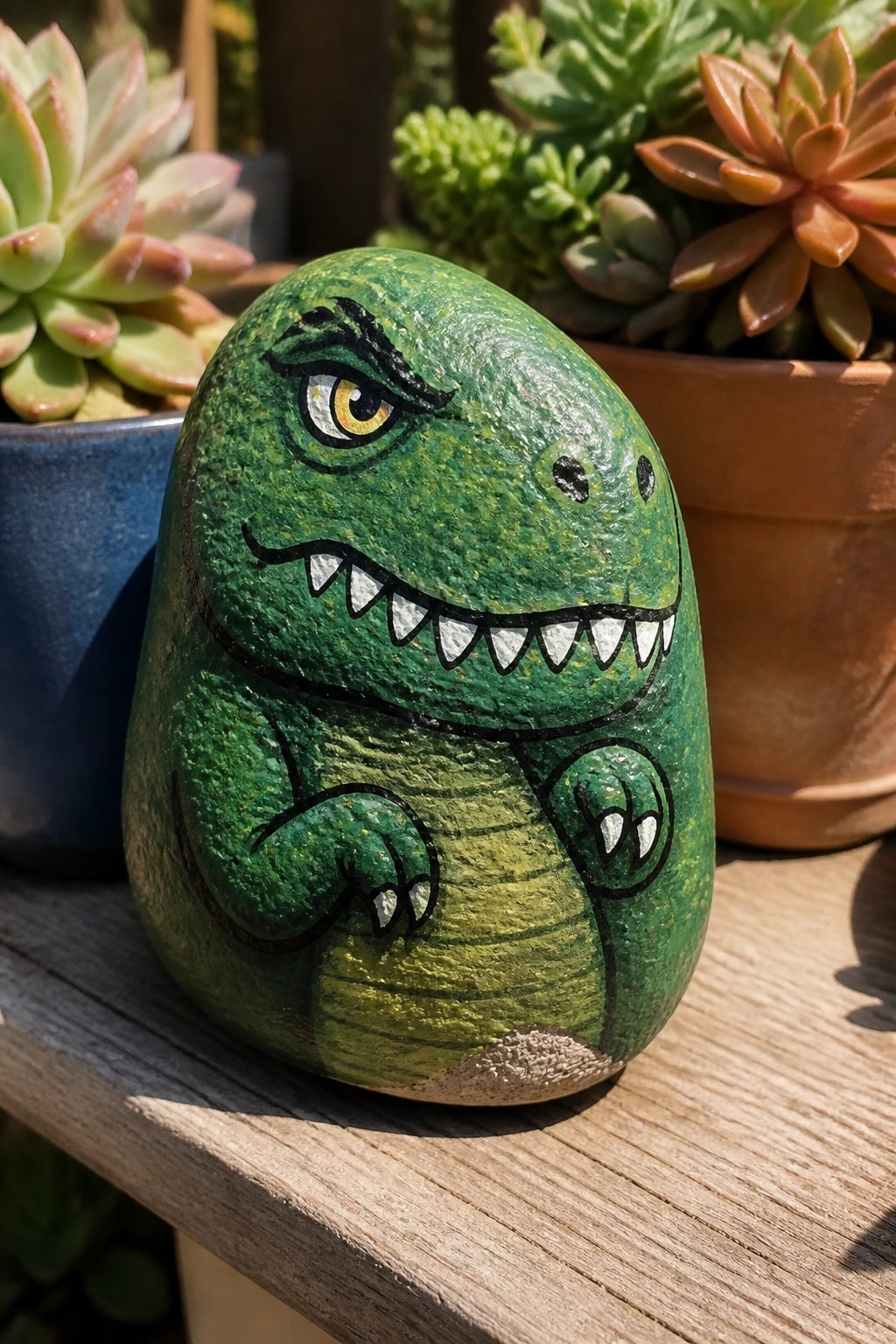 Green T-rex painted rock on wooden surface amid potted succulents