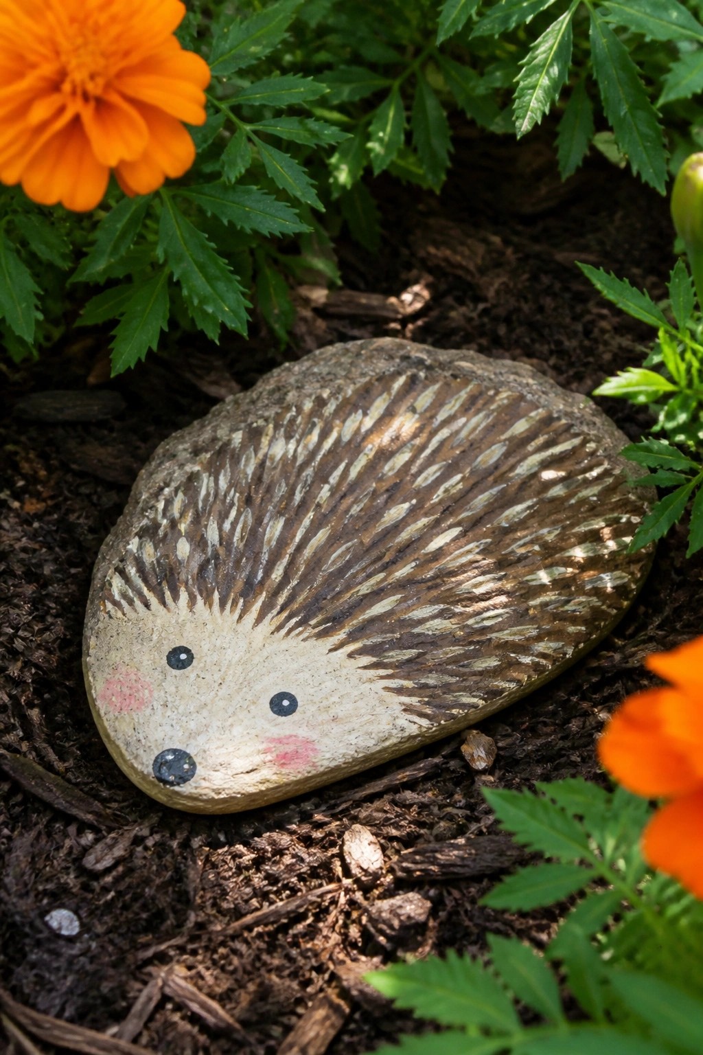 Painted hedgehog rock with brown spines amid orange flowers and soil