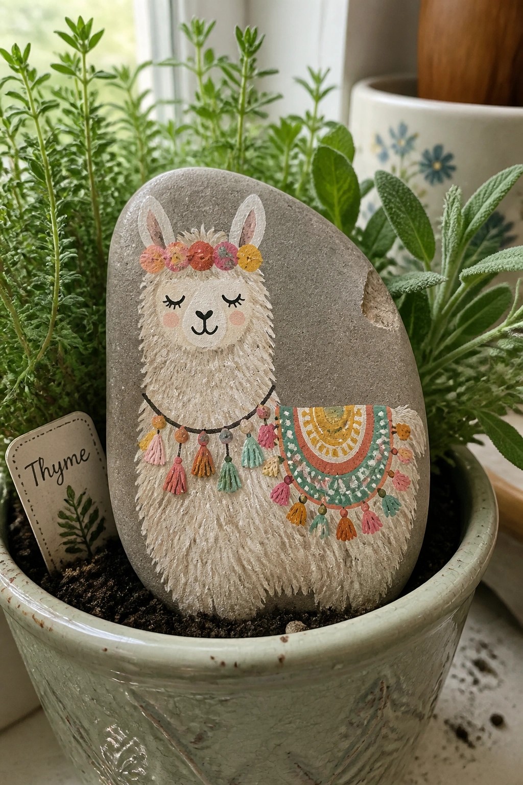 Painted gray rock llama with floral crown and colorful blanket in herb pot