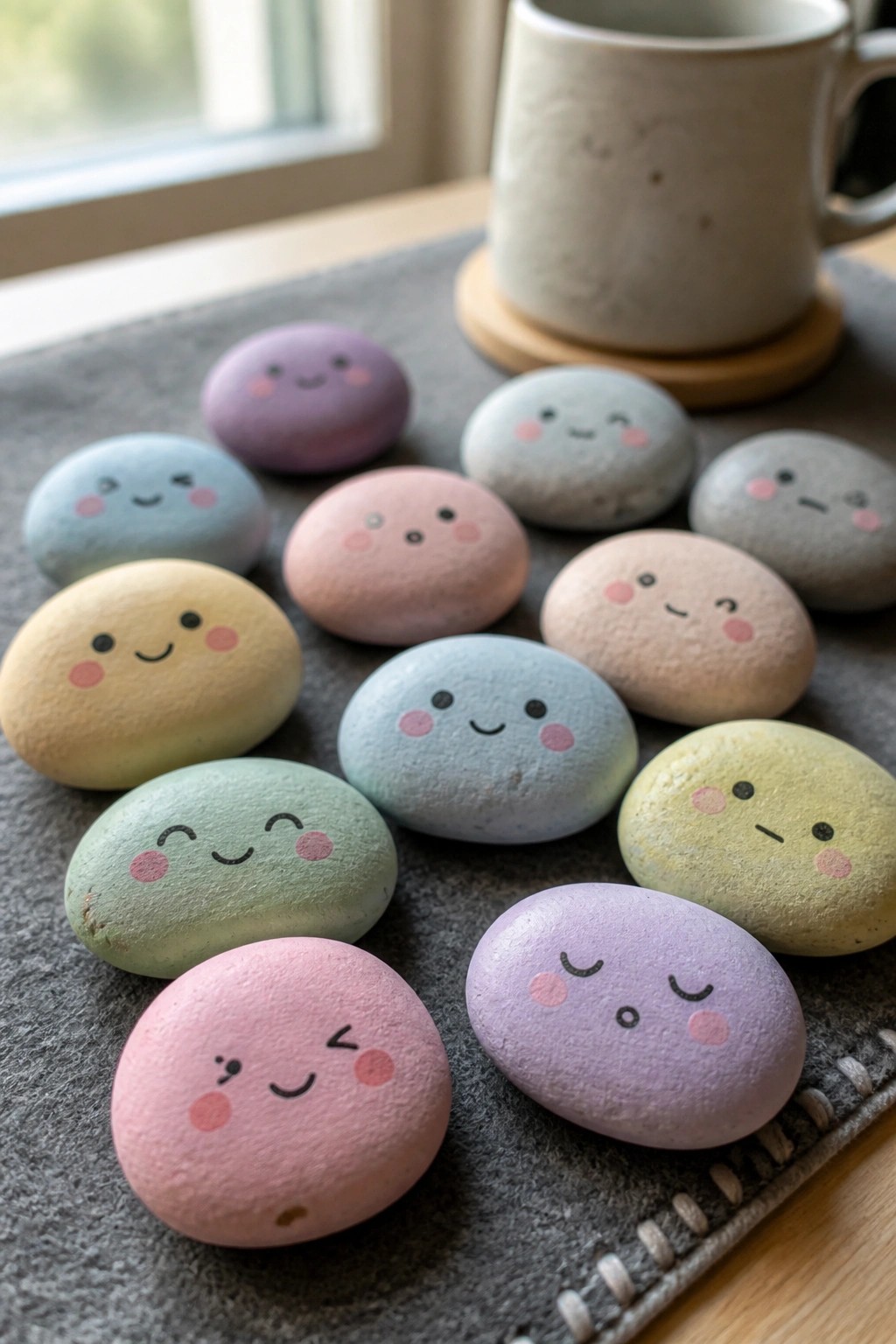Pastel painted rocks with cute faces on gray mat beside ceramic mug.
