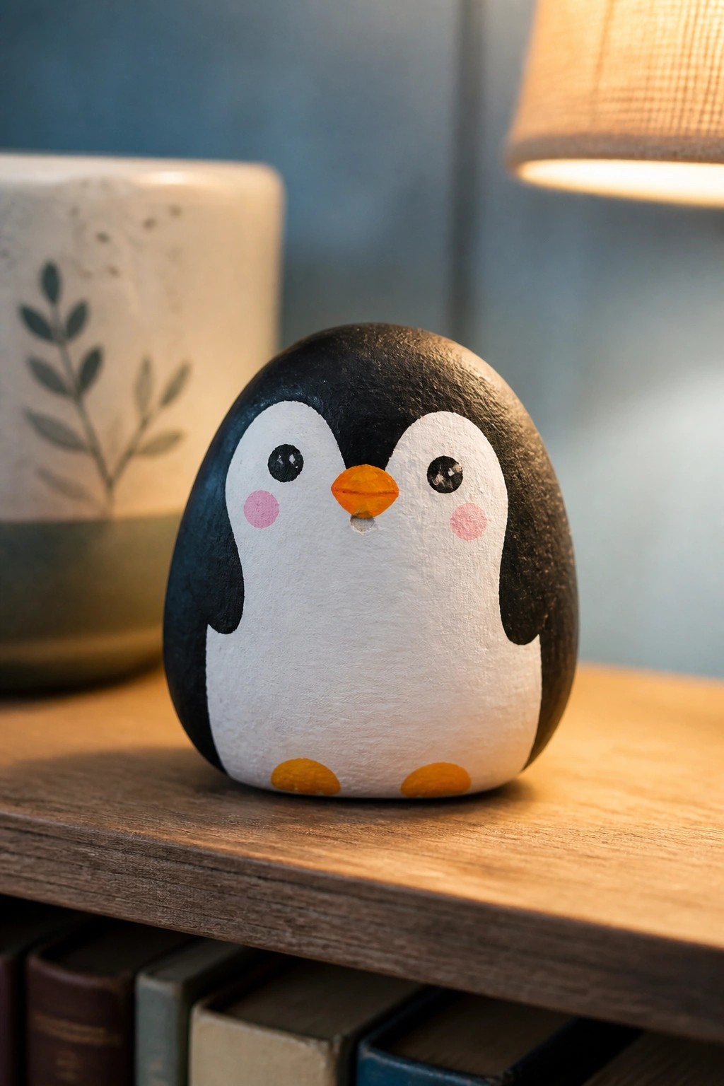 Painted rock penguin with black wings, orange beak, feet, and pink cheeks on wood