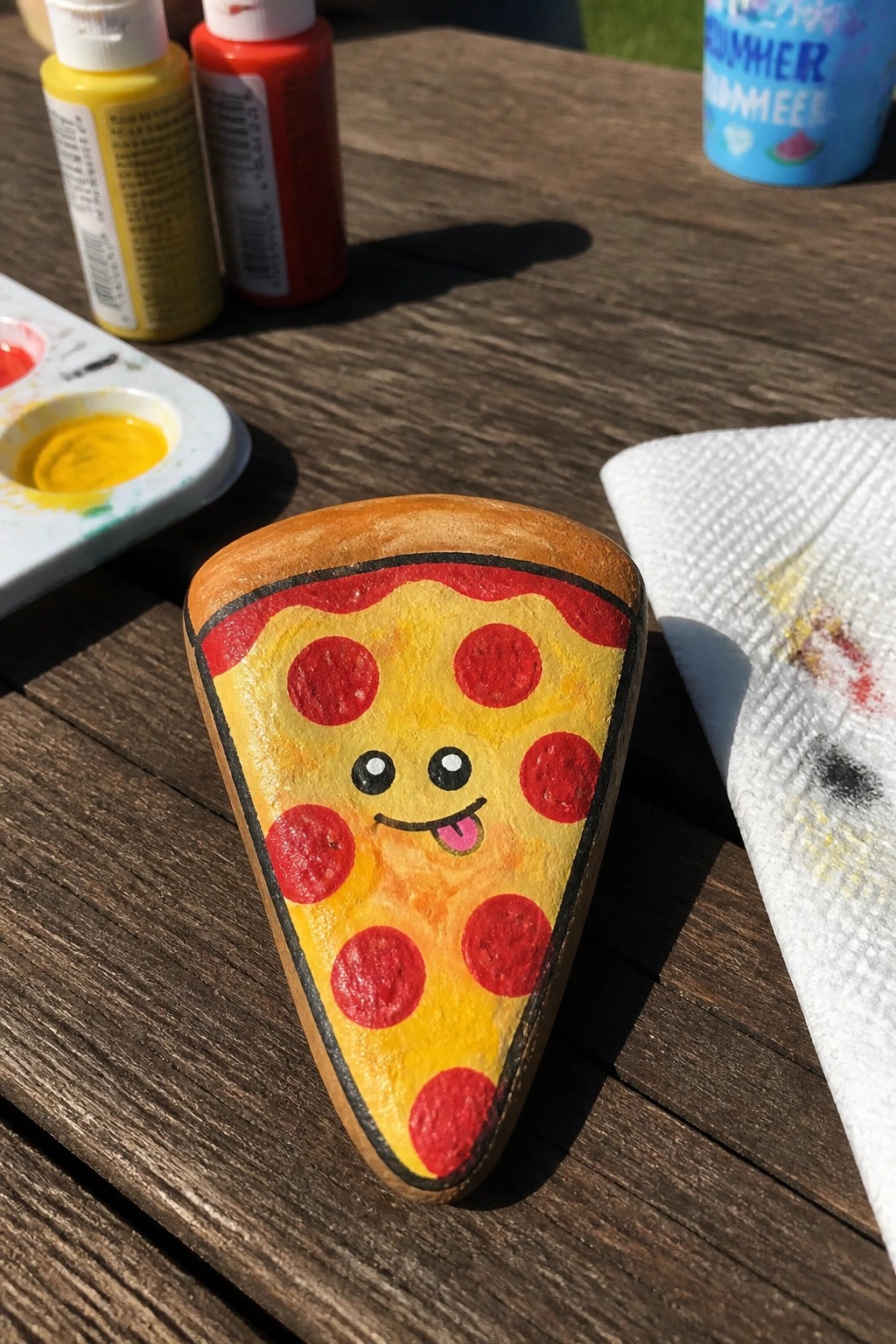 Smiling pizza slice painted on rock amid paint bottles and palette on wood