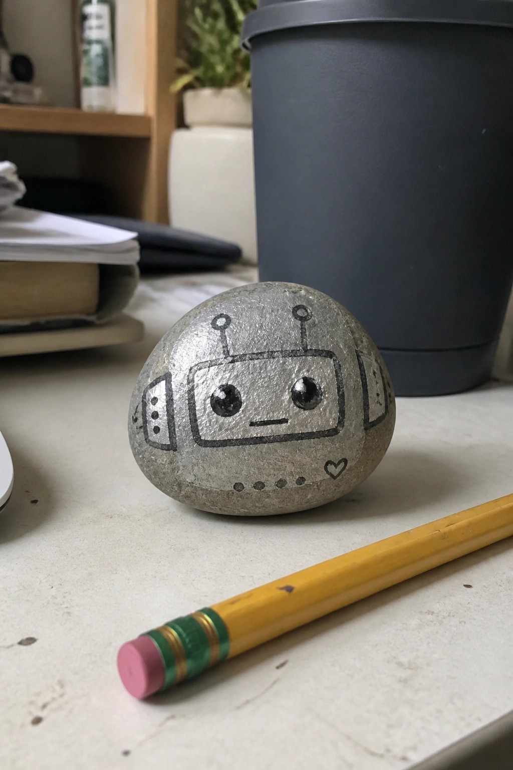 Gray painted rock with robot face beside yellow pencil on desk