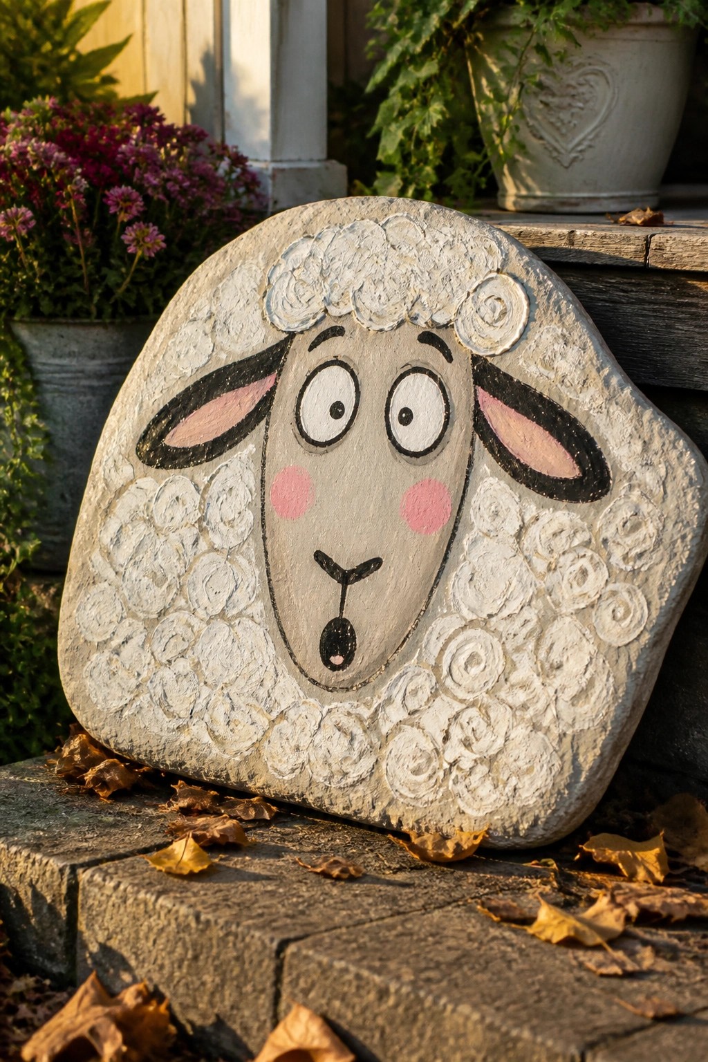 Hand-painted sheep face on stone resting on steps amid autumn leaves