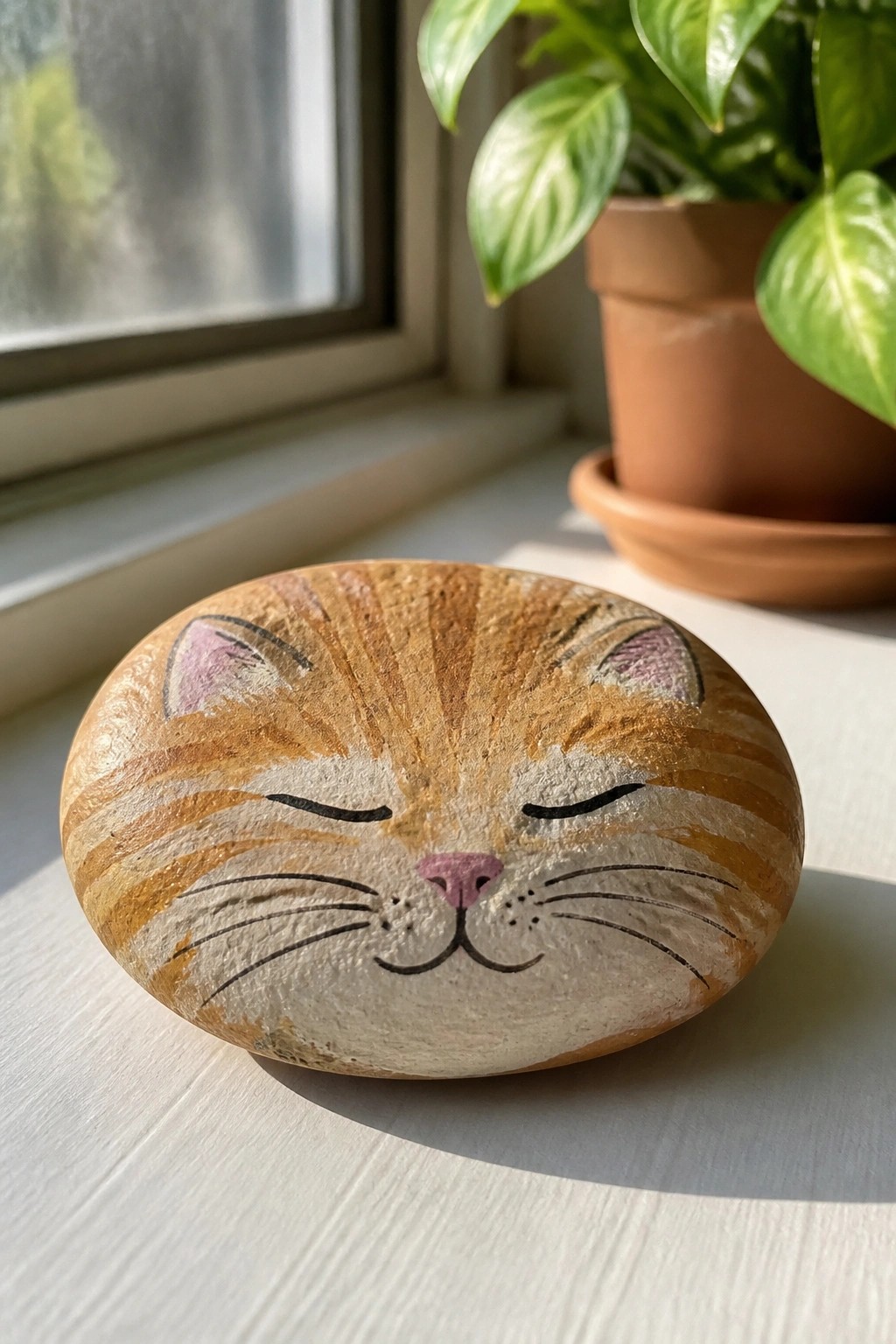 Painted stone resembling a sleeping orange tabby cat with closed eyes on windowsill.