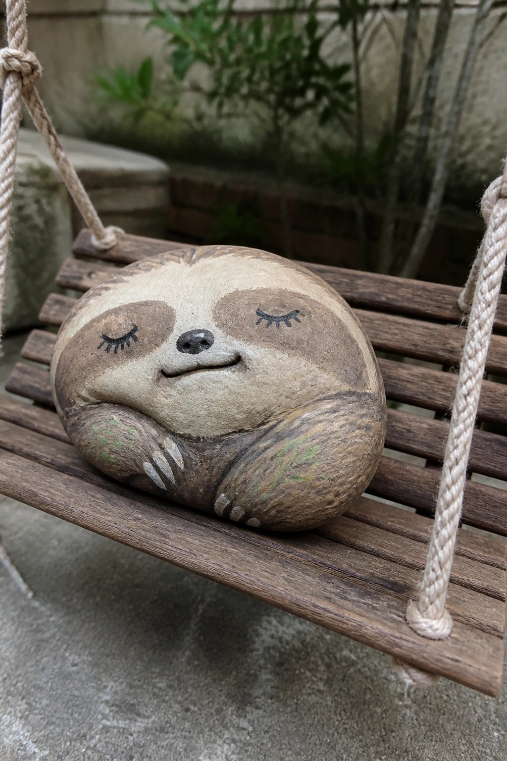Painted sloth rock with closed eyes on hanging wooden swing bench