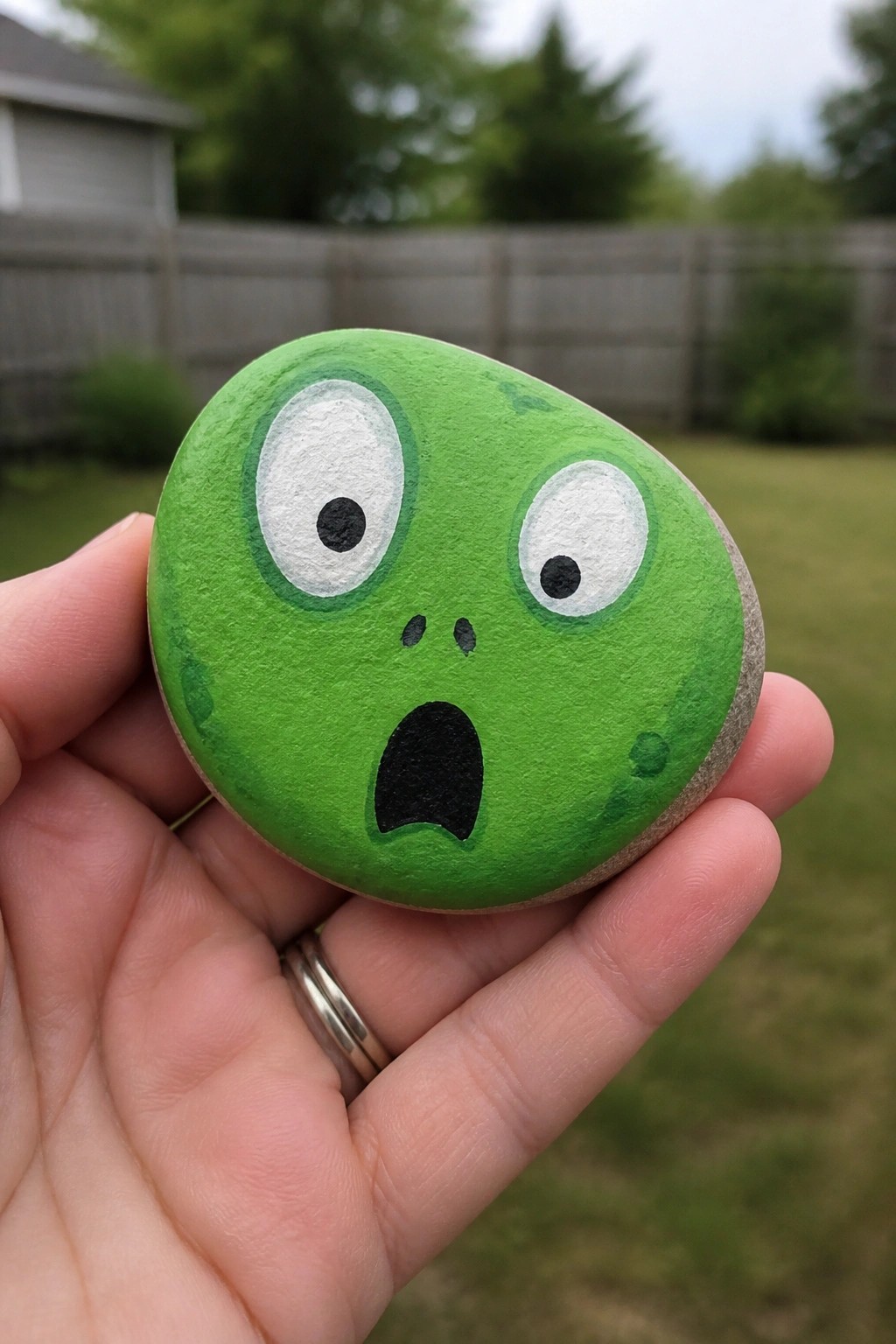 Hand holding green painted rock with wide-eyed surprised cartoon face outdoors