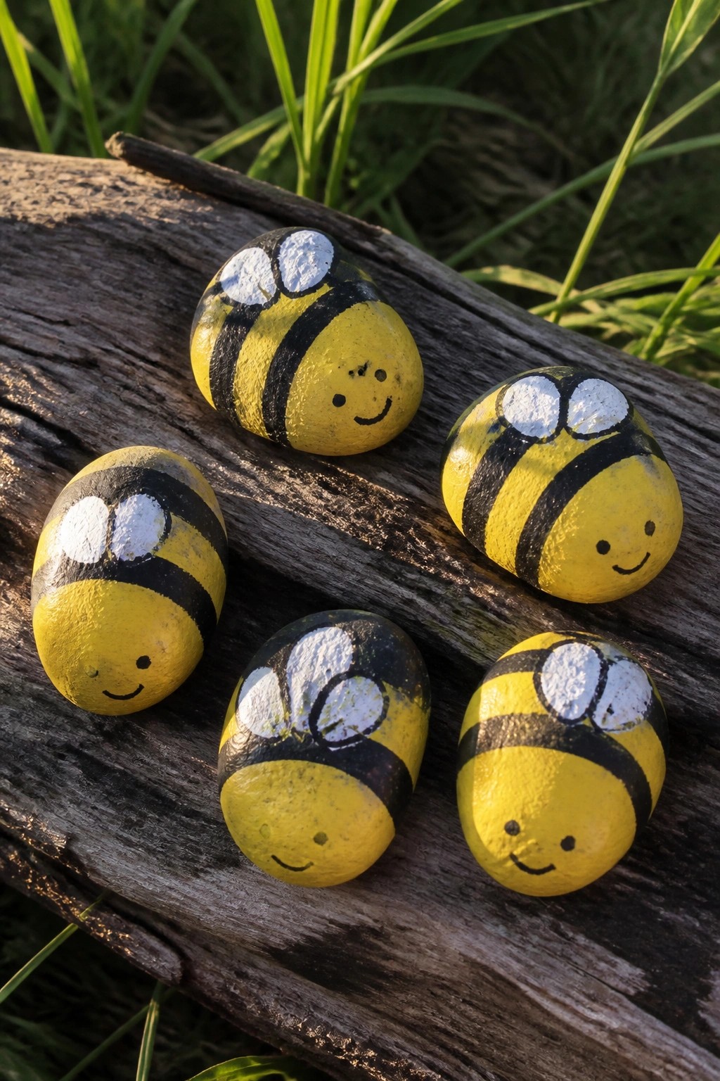 Five smiling bee rocks painted yellow and black with white wings on wood.