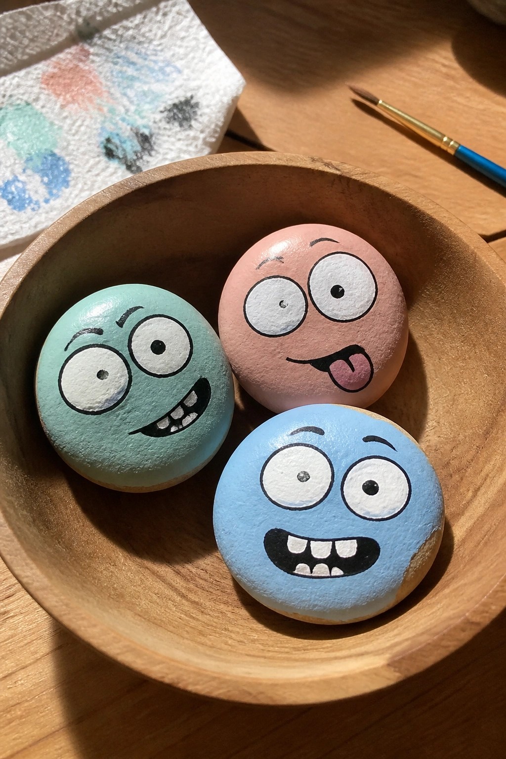 Three cartoon-faced rocks in teal, pink, and blue inside a wooden bowl.