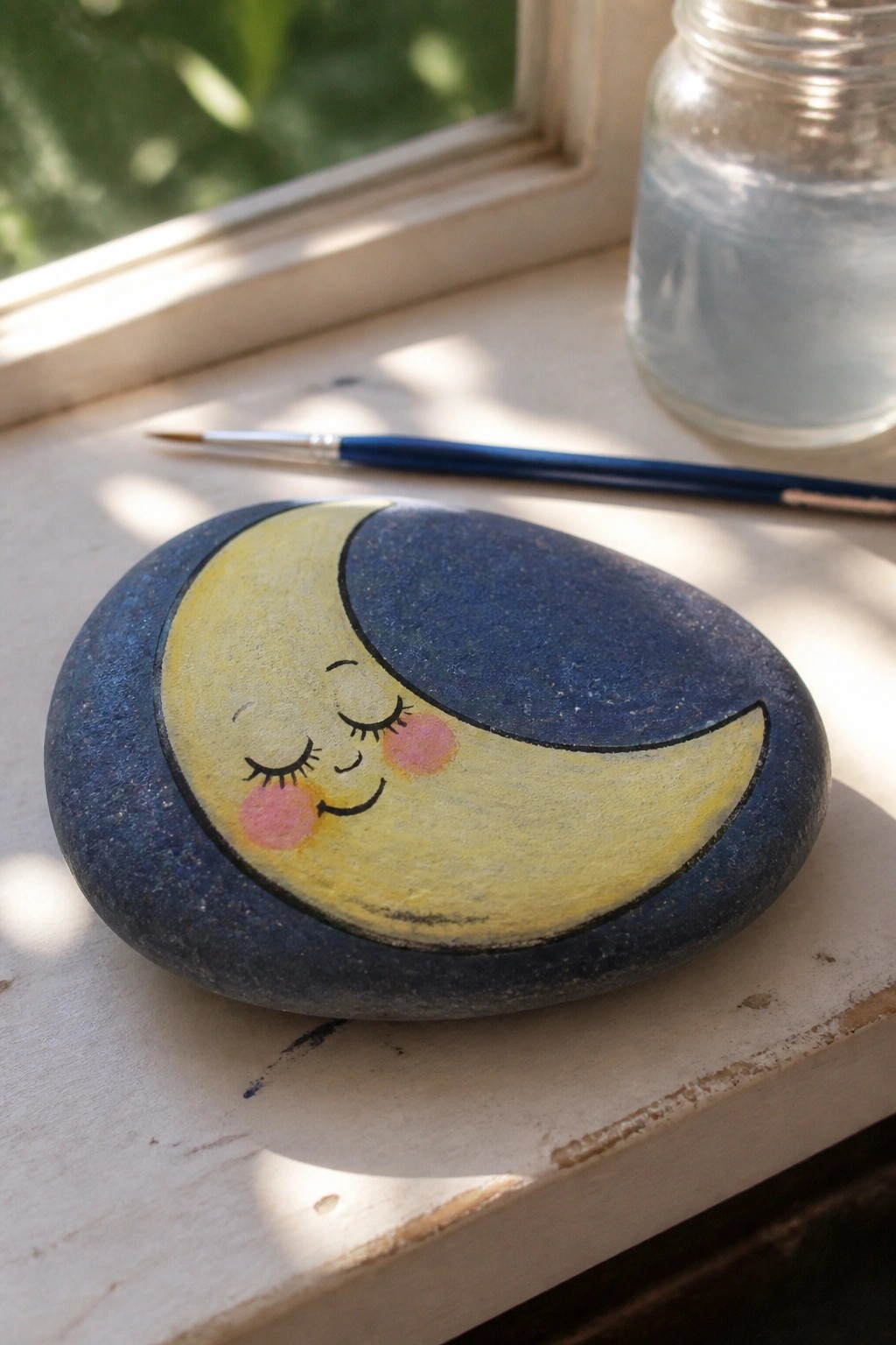 Painted rock with yellow crescent moon face, pink cheeks, and eyelashes beside paintbrush
