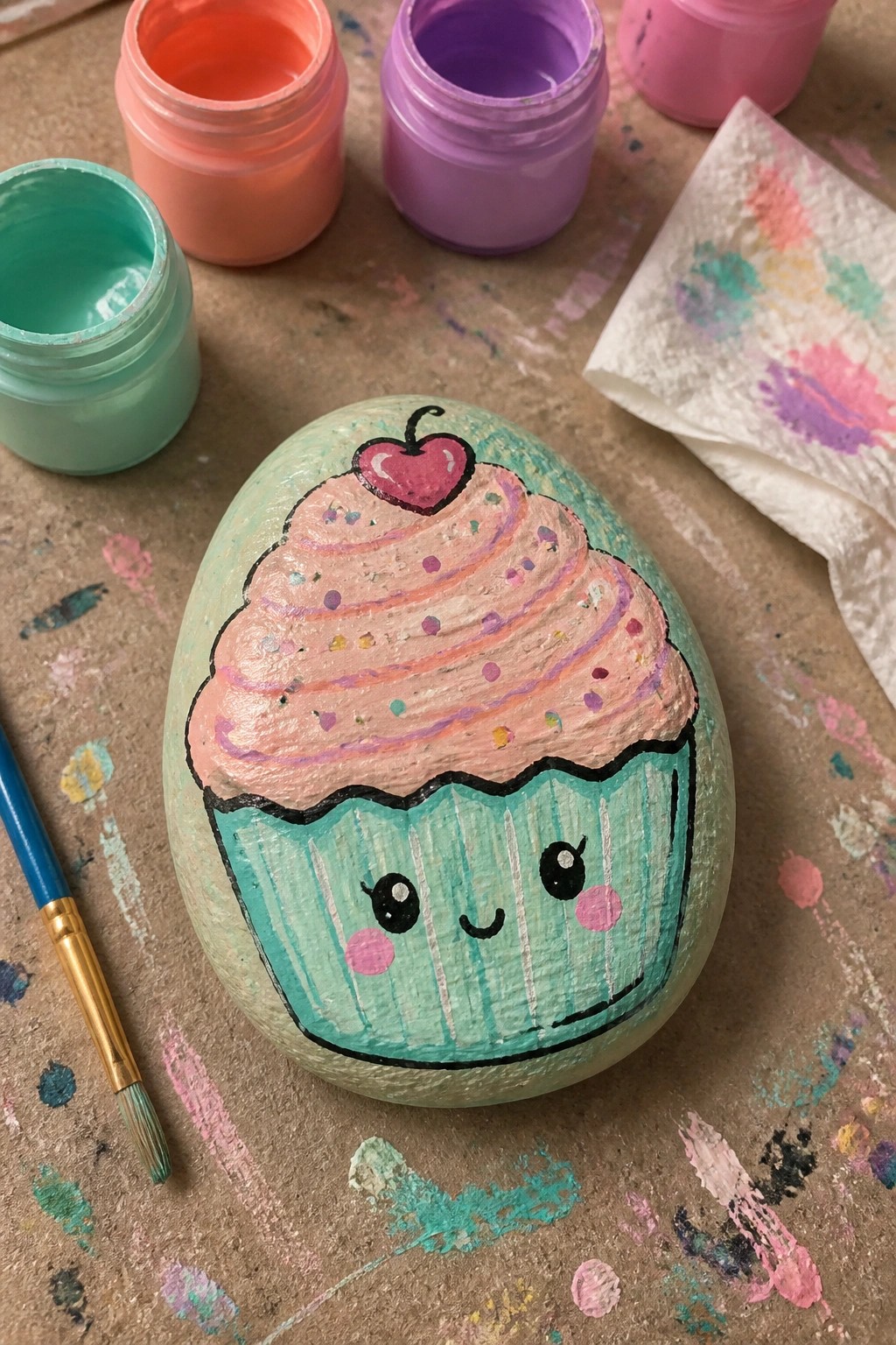 Painted rock cupcake with cherry and kawaii face amid paint jars, brush, and splatters