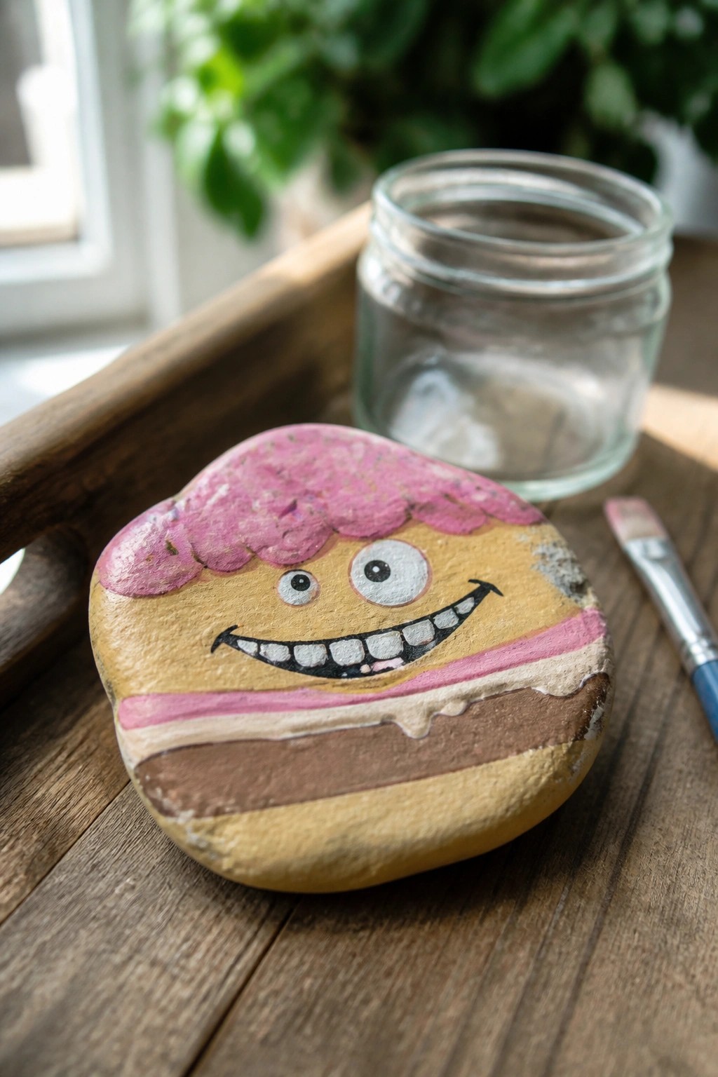 Painted rock with cartoon face, pink hair, and striped layers beside jar and brush.