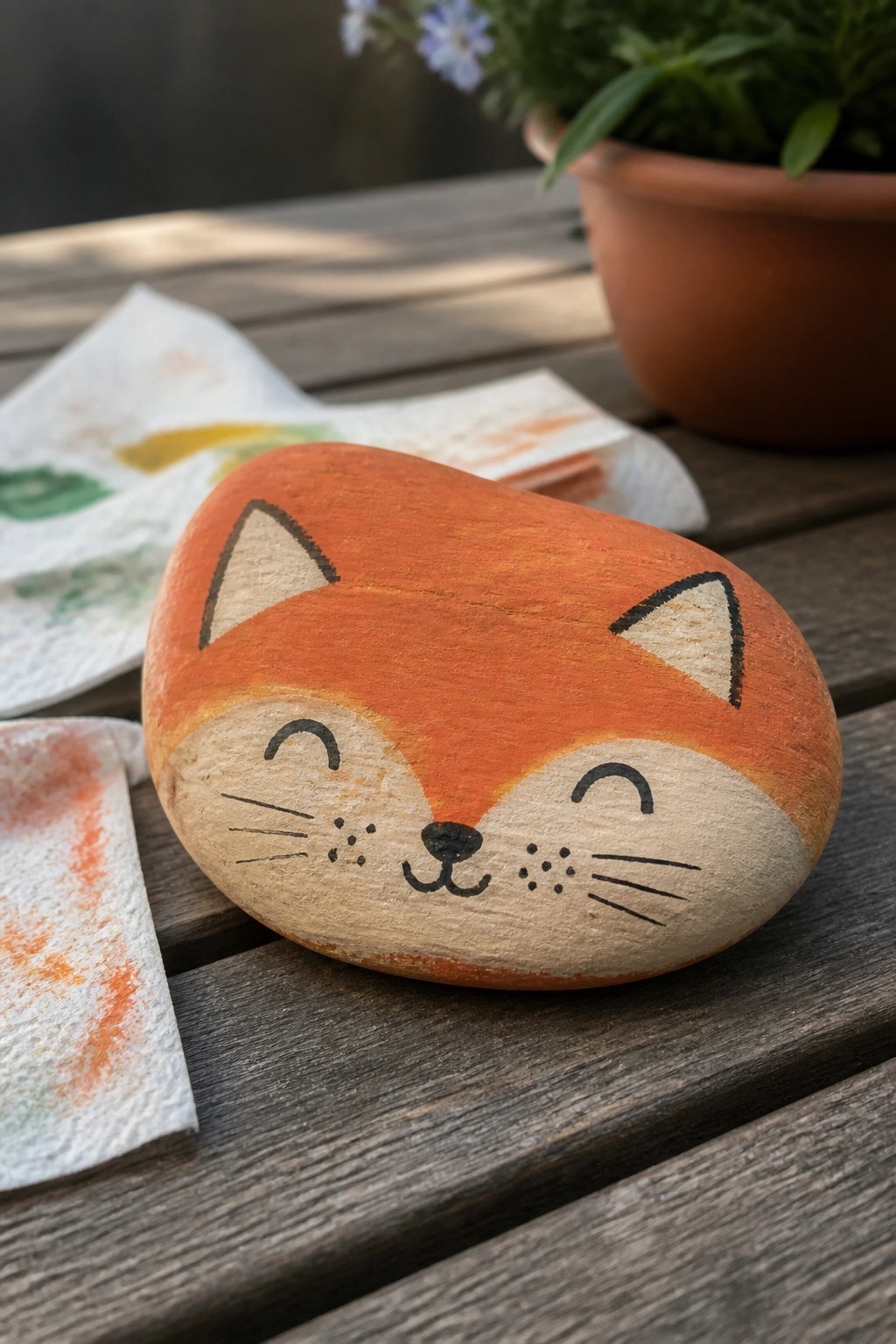 Hand-painted orange fox rock with closed eyes on wooden table beside paint towels