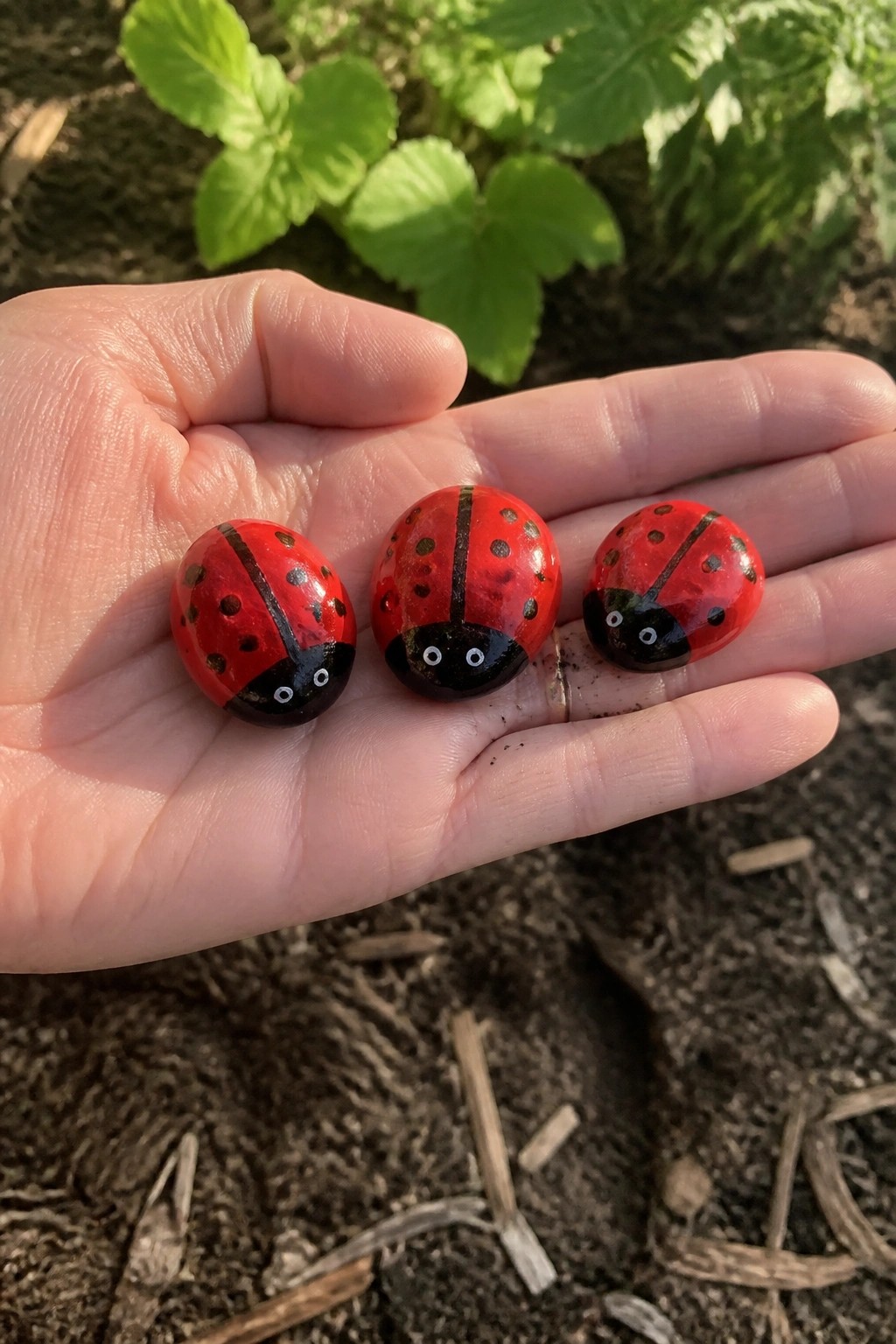 Open hand holding three red ladybug rocks with black spots and faces