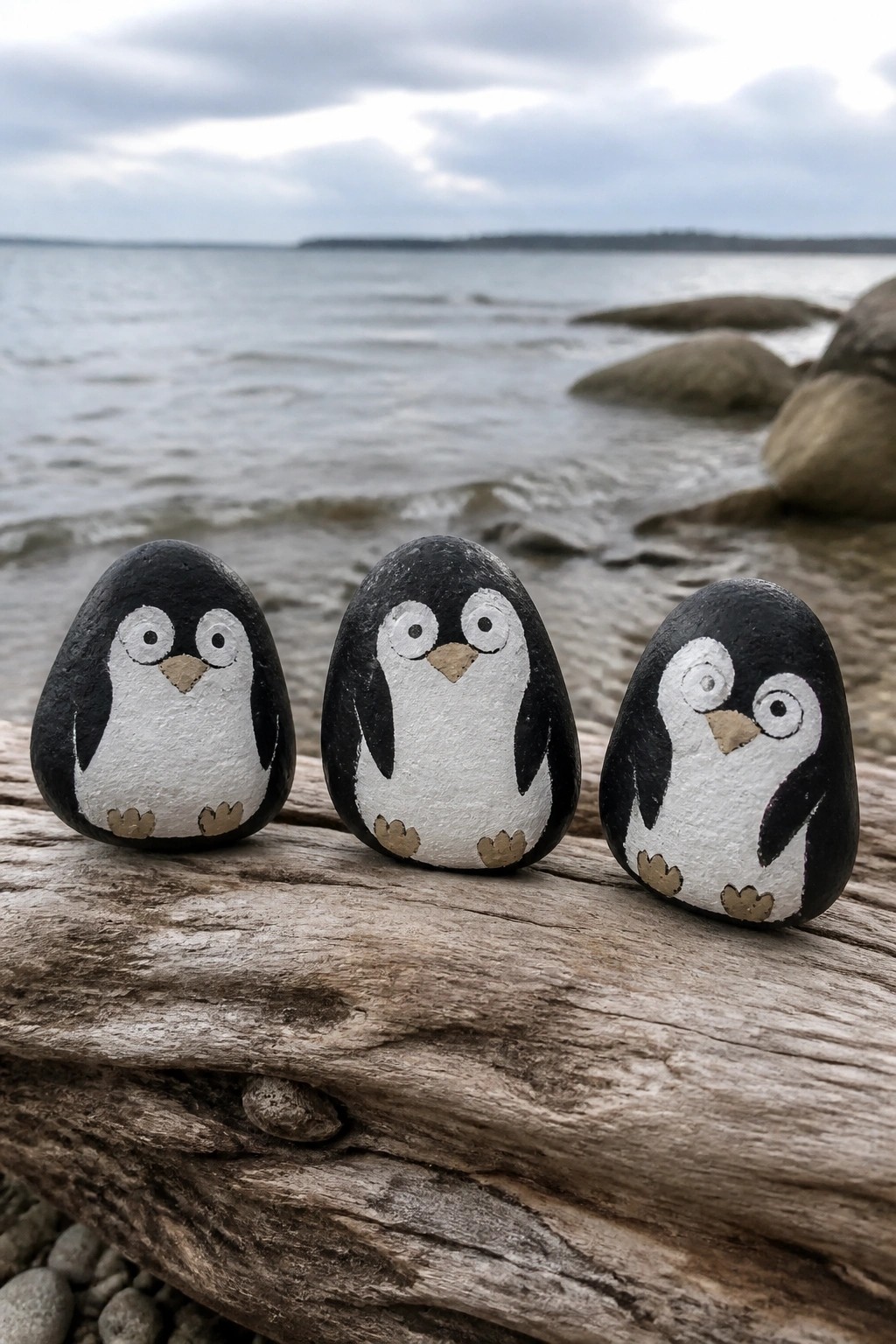 Three penguin-painted rocks lined up on driftwood by the sea
