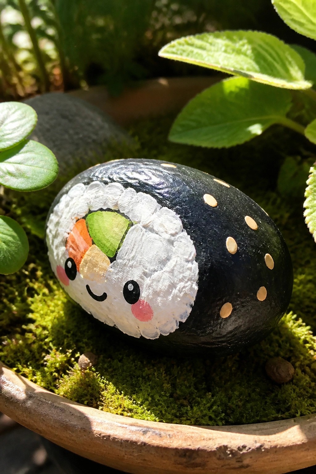Cute painted sushi rock with smiling face and gold dots on moss