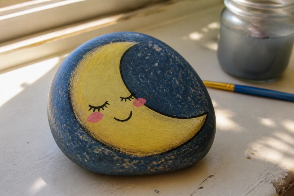 Painted rock with yellow crescent moon face, pink cheeks, and eyelashes beside paintbrush