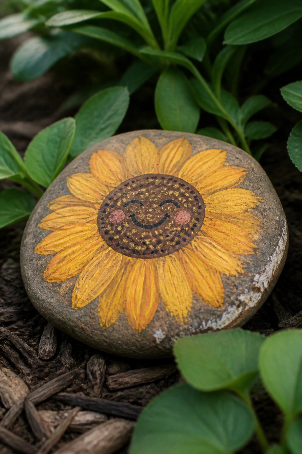Painted rock with yellow sunflower and smiling face amid green leaves.