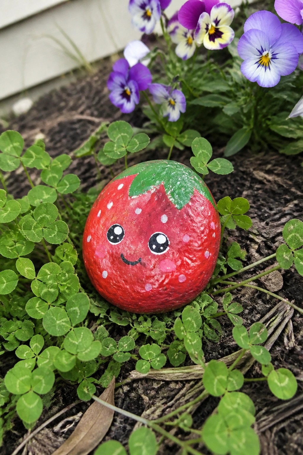 Red strawberry painted rock with cute face amid green clovers and purple flowers
