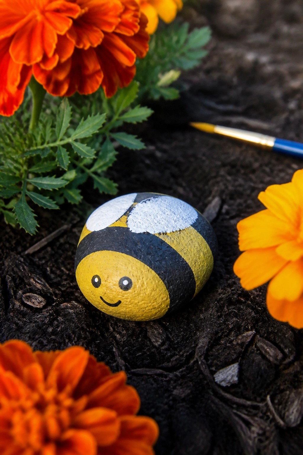 Painted bee rock with yellow face, black stripes, and white wings amid orange flowers
