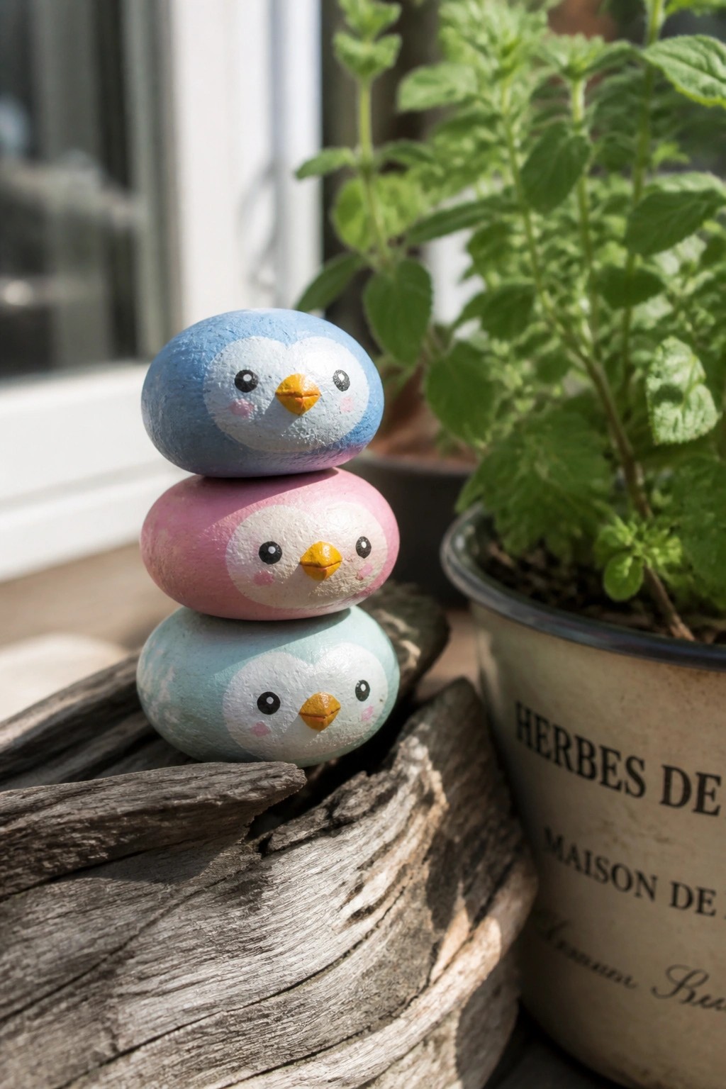 Three stacked painted penguin rocks in blue, pink, and turquoise on driftwood beside a potted plant.