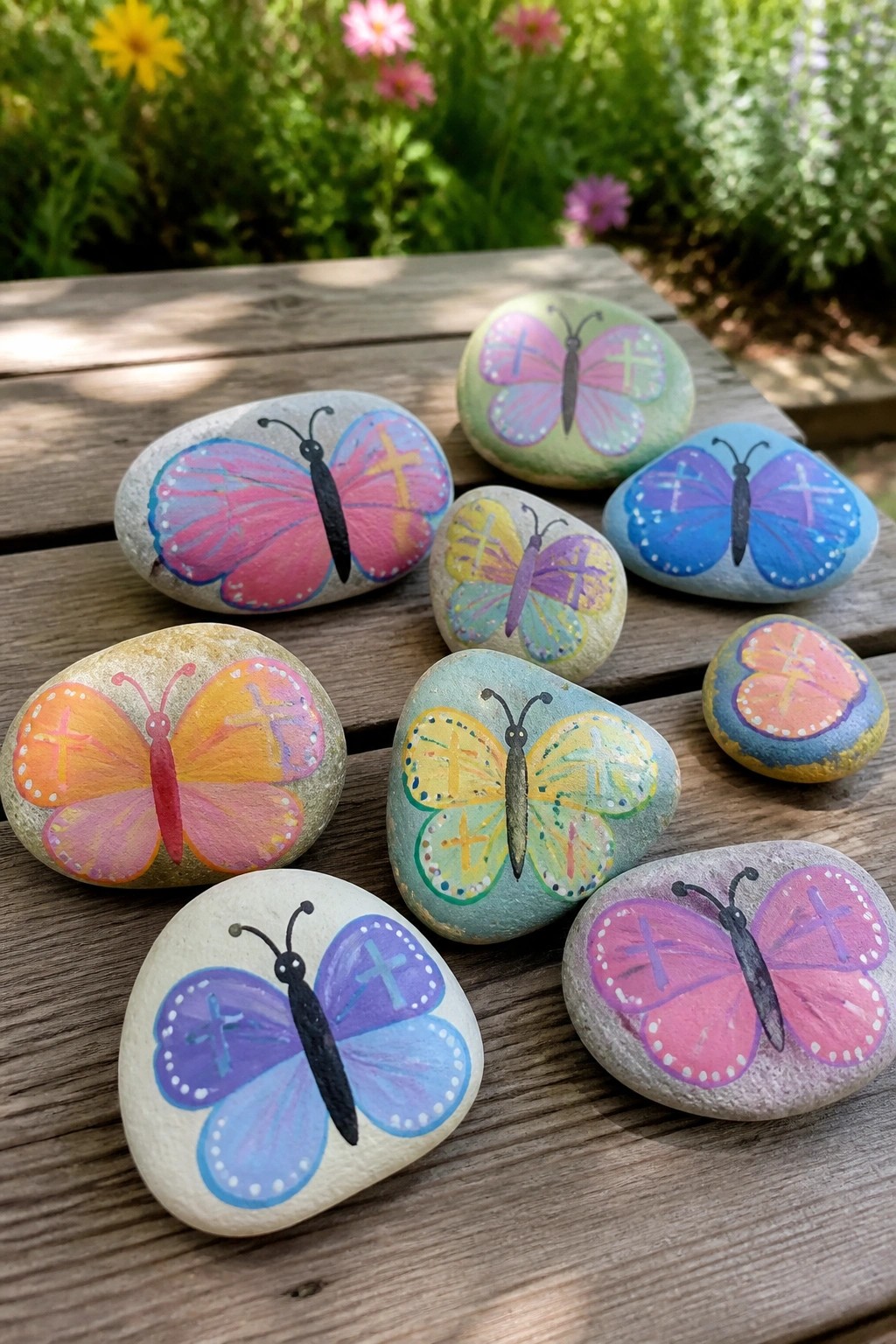 Colorful butterfly-painted rocks arranged on a wooden garden table amid flowers.