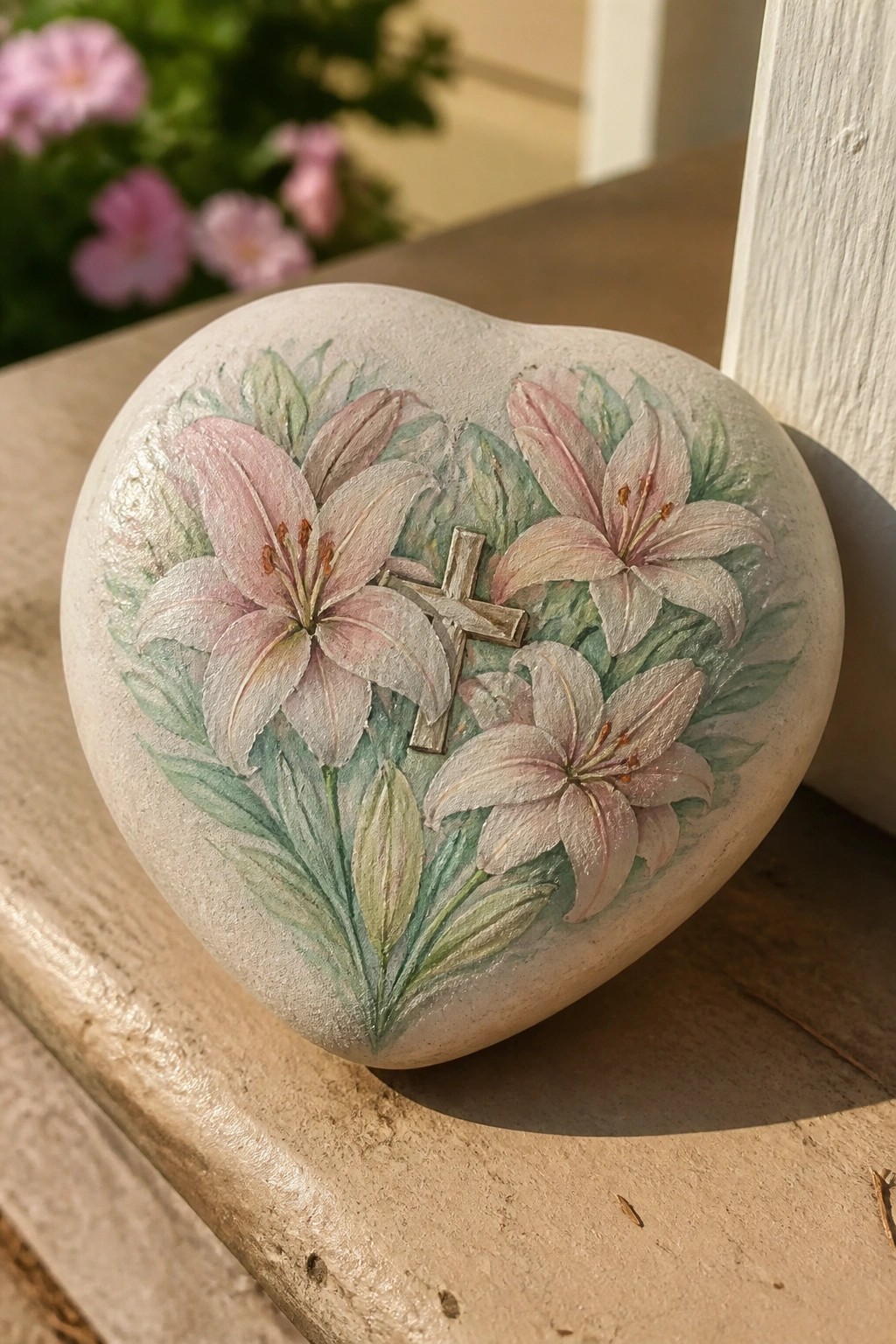 Heart-shaped stone painted with pink lilies, green leaves, and a small cross
