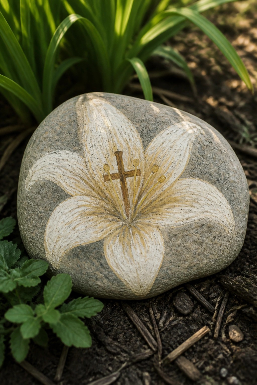 Gray rock painted with white lily flower and brown cross on soil