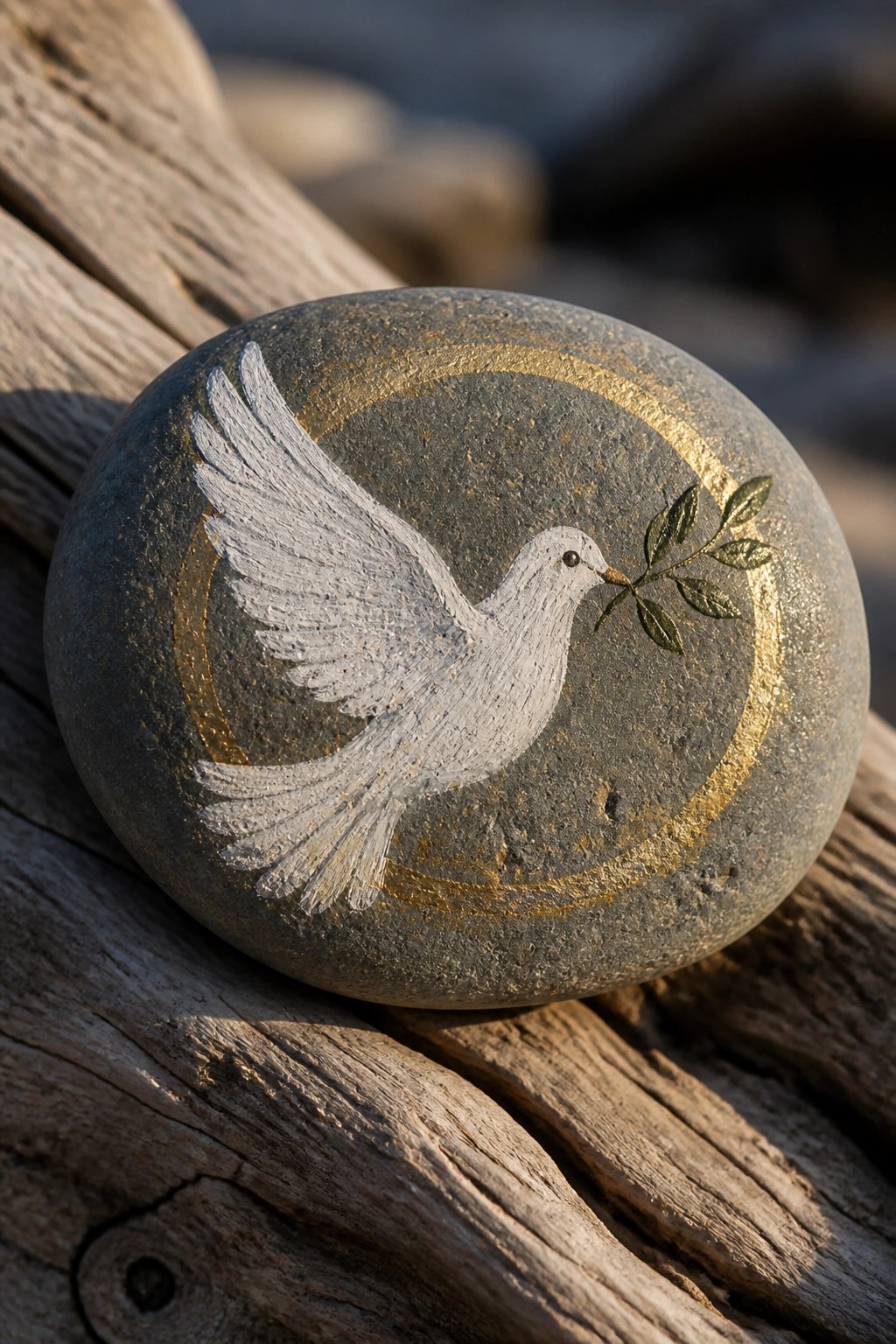 Painted gray stone shows white dove with olive branch in gold circle on driftwood