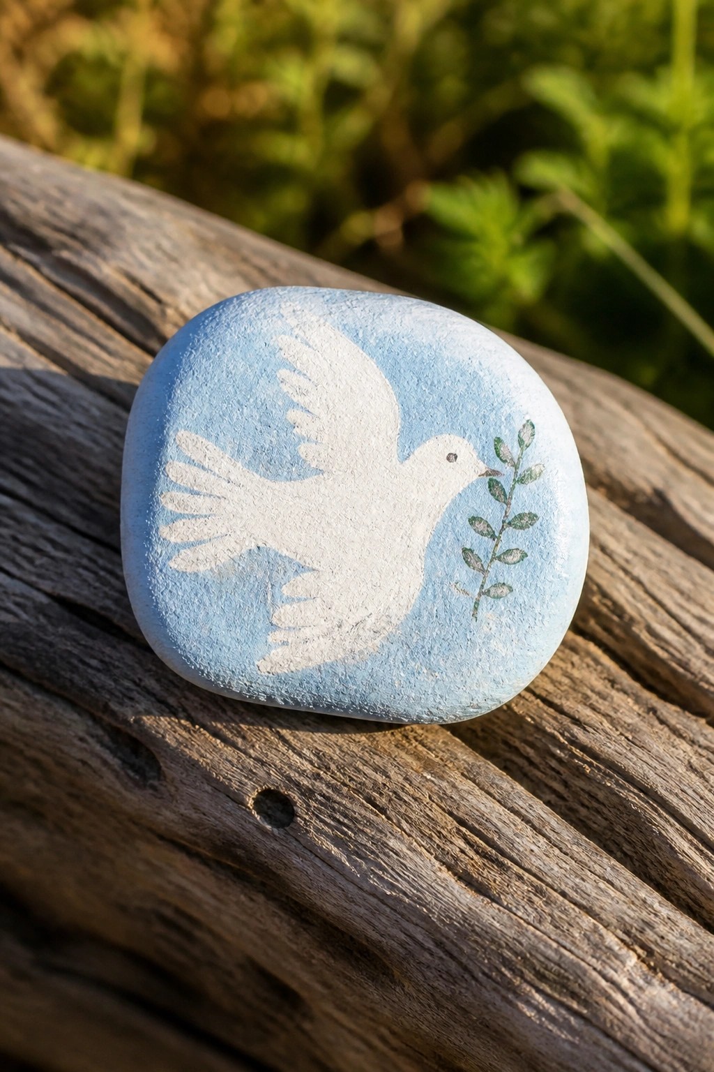 Light blue painted rock with white dove holding olive branch on wood
