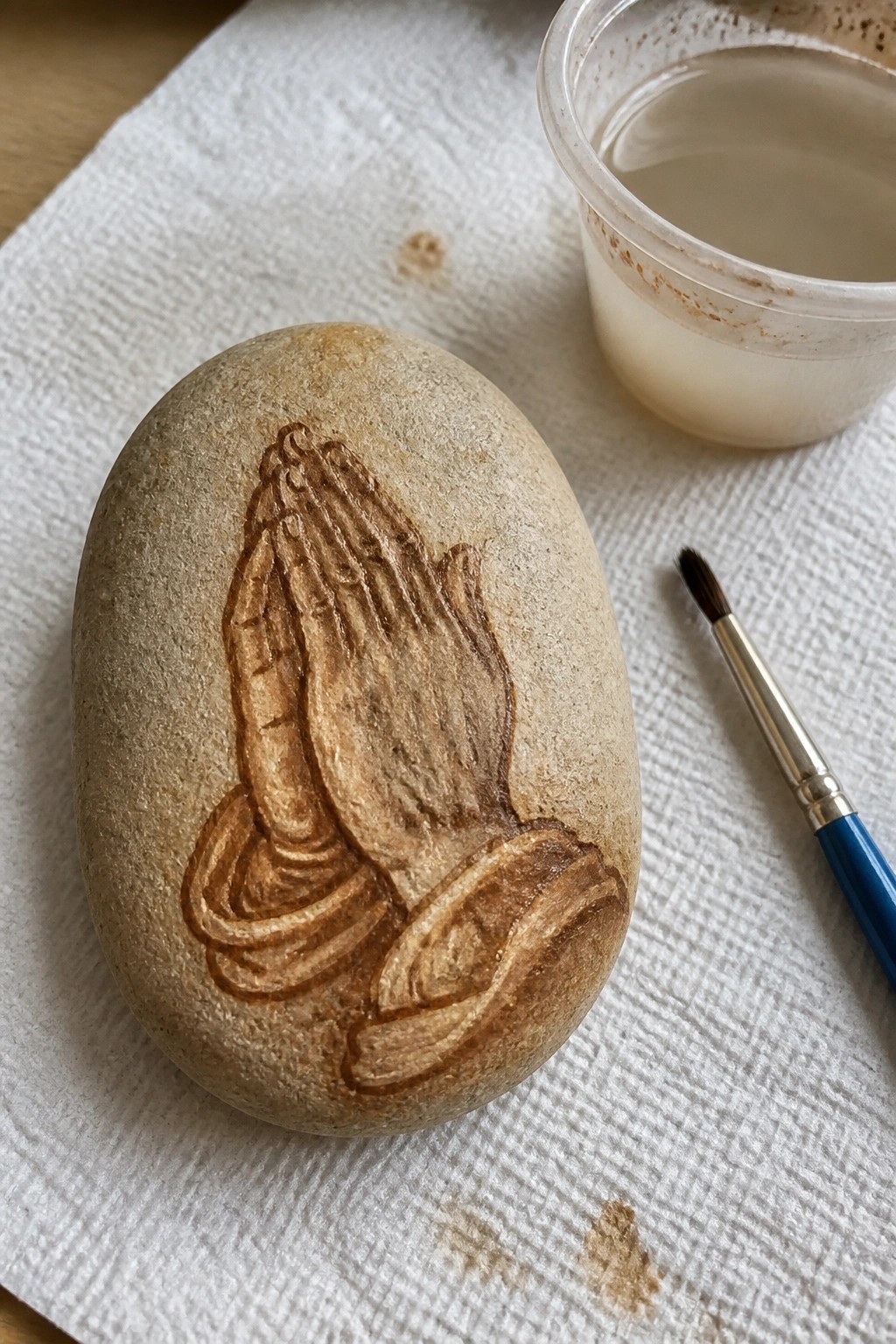 Oval stone with brown praying hands carving beside blue paintbrush and cup on paper towel