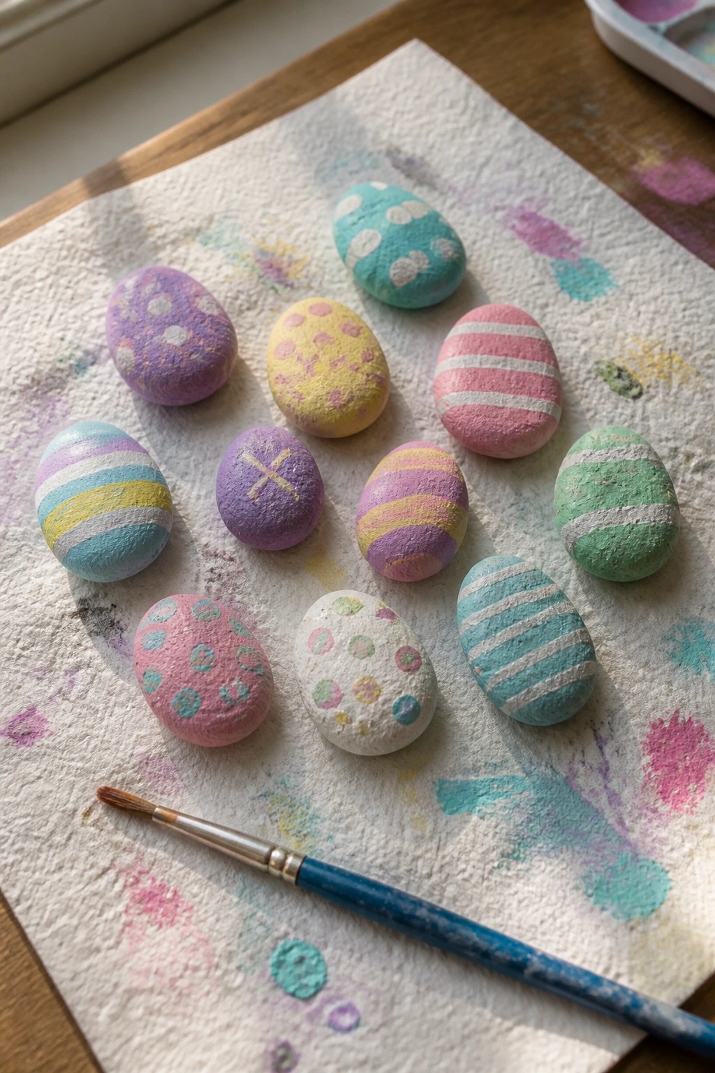 Colorful painted eggs with stripes and dots on splattered paper towel beside paintbrush