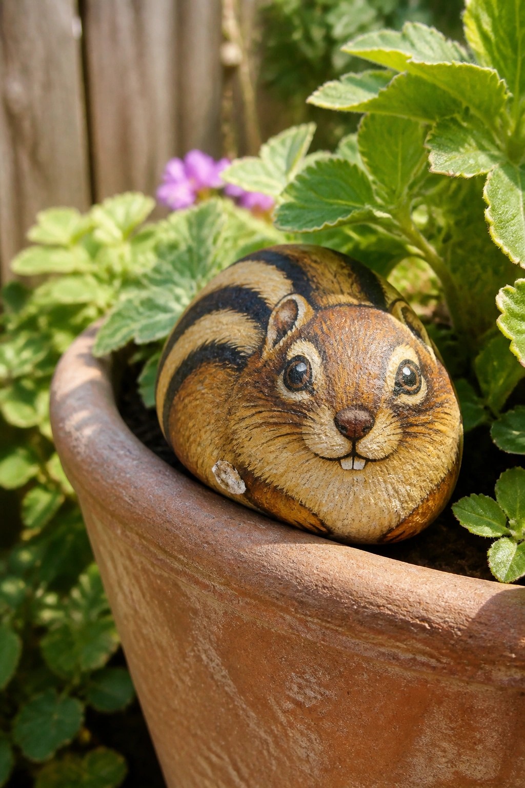 Painted chipmunk rock nestled in terracotta pot amid green garden plants.