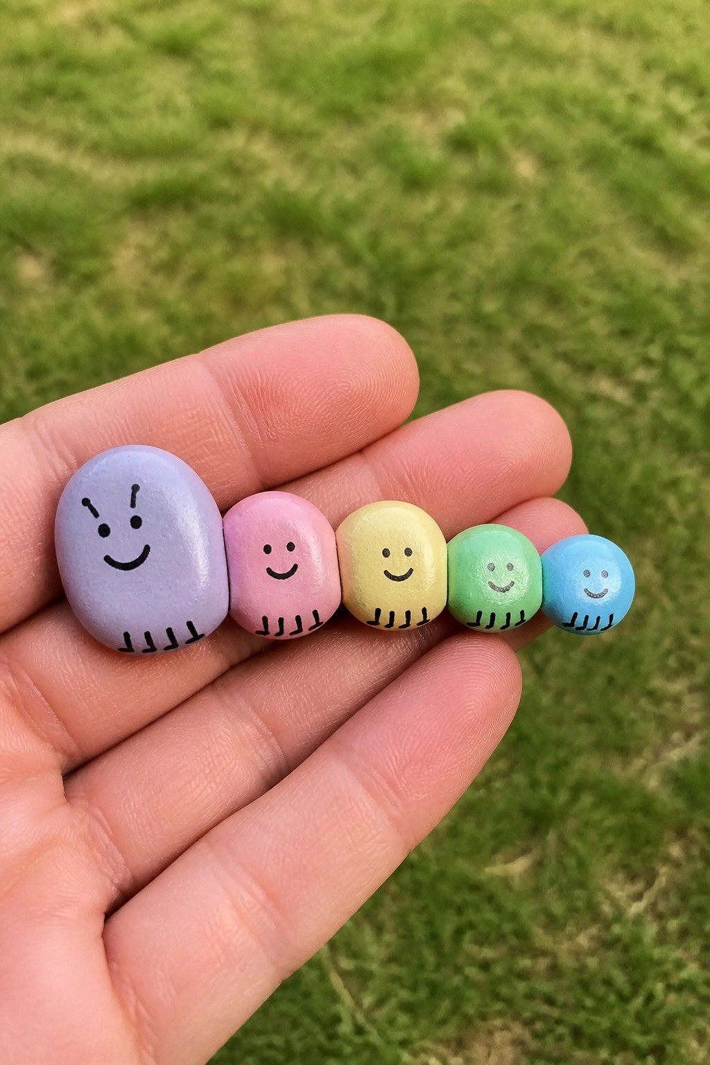 Five small painted pebbles in purple, pink, yellow, green, and blue each showing a simple face and leg lines resting on a hand over grass.