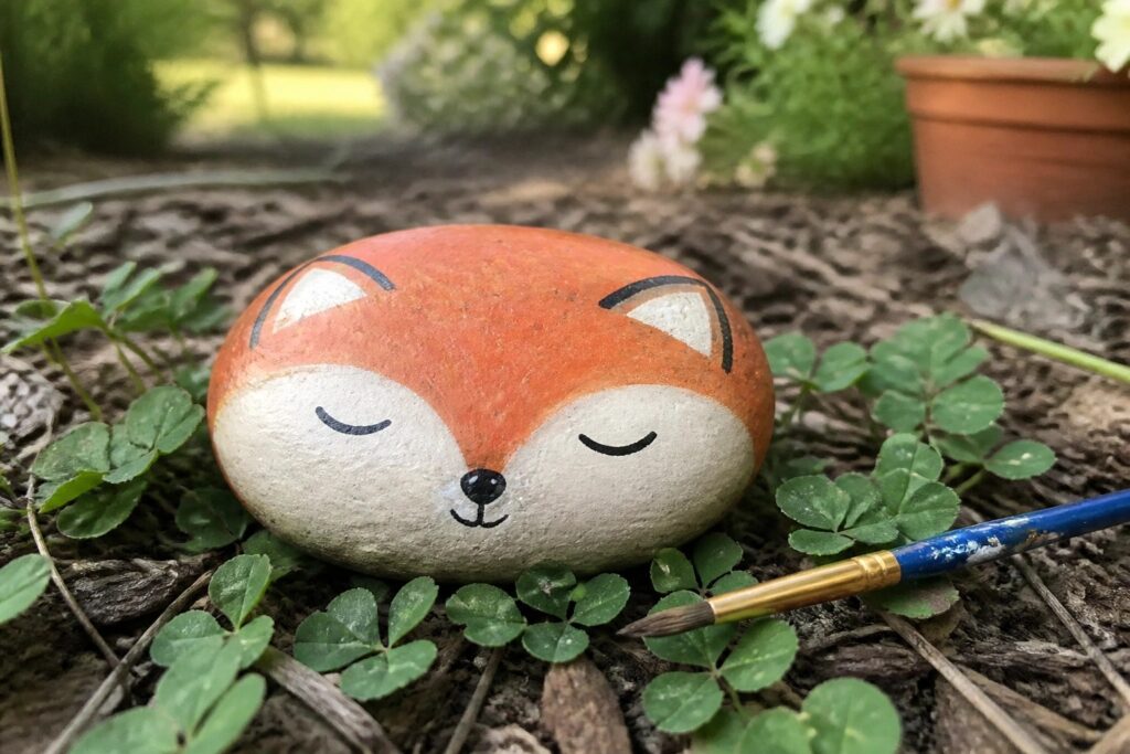 Painted orange fox rock with closed eyes on garden soil beside paintbrush