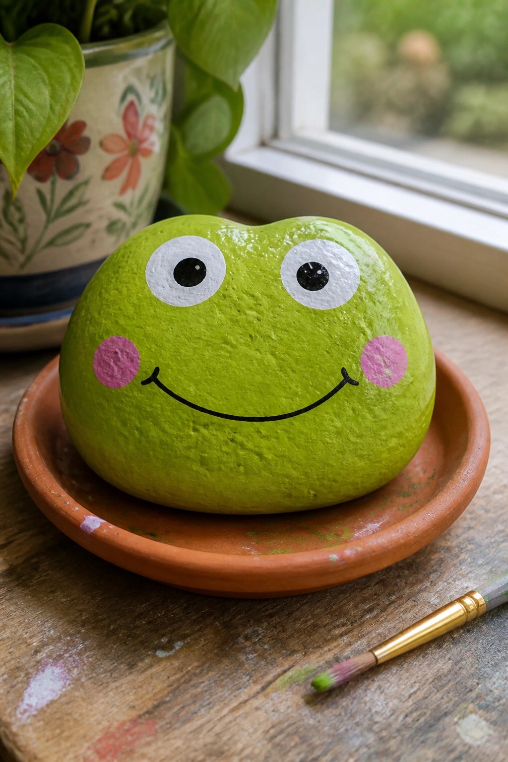 Green frog rock with big eyes, smile and pink cheeks on saucer beside paintbrush