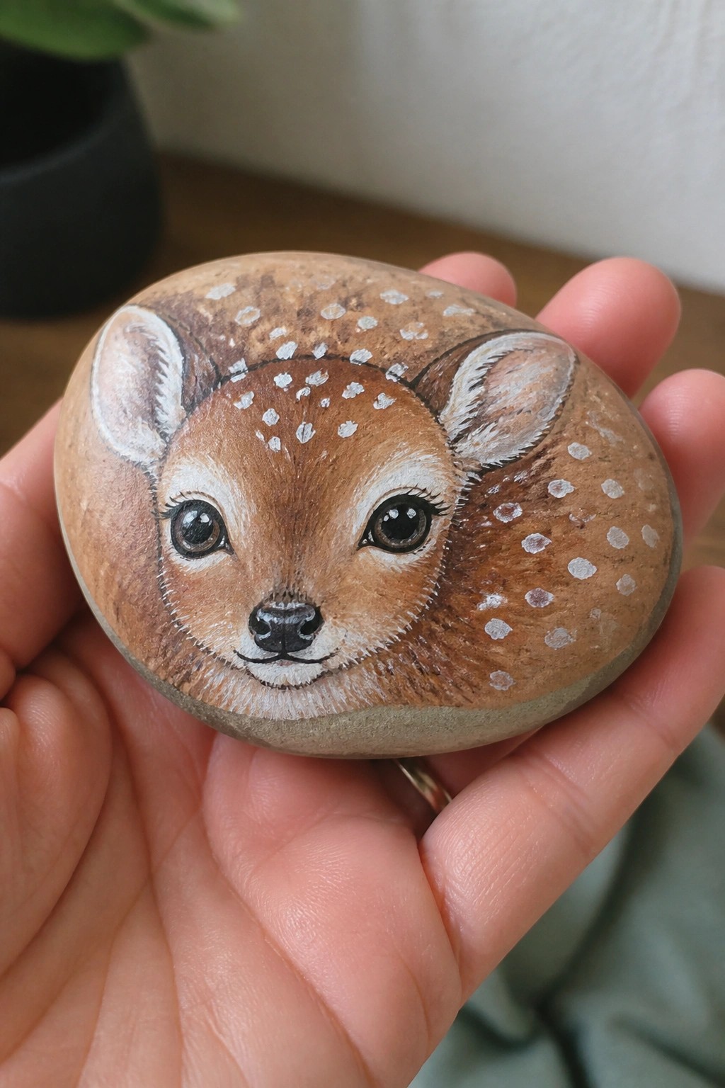 Hand holding oval stone painted as realistic fawn face with white spots.