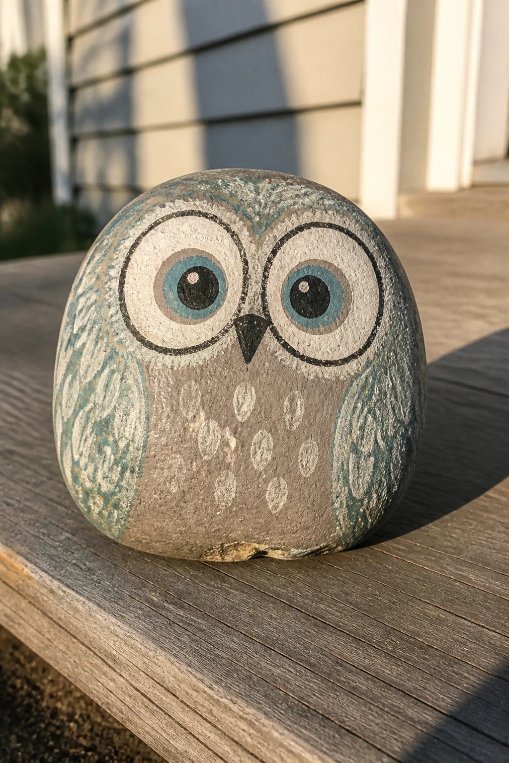 Painted stone owl with large blue eyes and beak on wooden deck