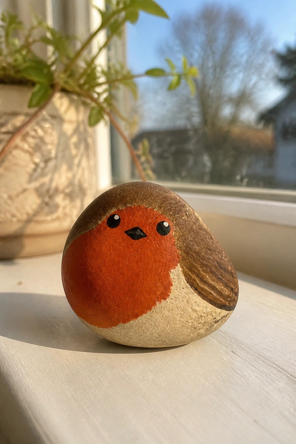Painted stone robin with orange breast, brown back, and black eyes on windowsill