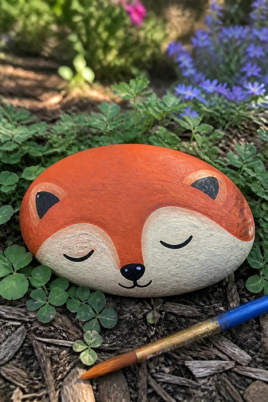 Painted orange fox rock with closed eyes on garden soil beside paintbrush