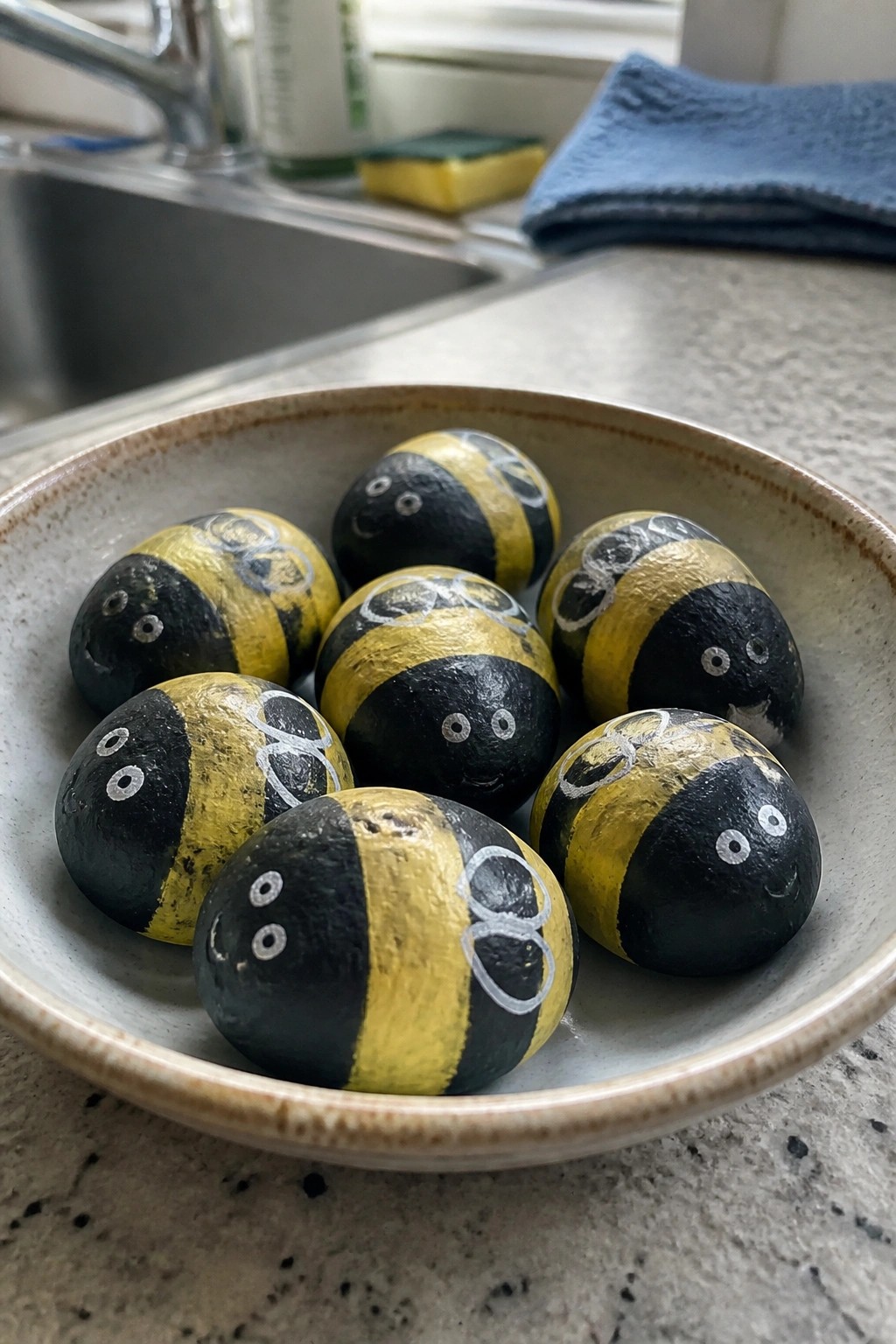 Bowl of black-and-yellow striped bee rocks with faces on kitchen counter