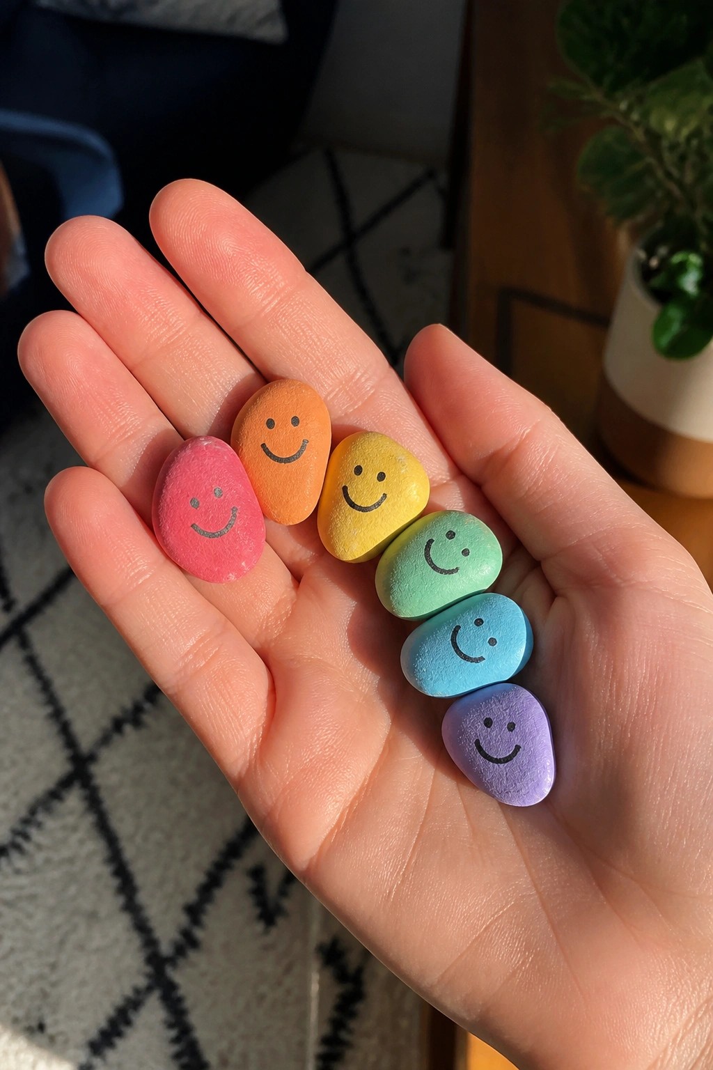 Hand holding six rainbow-colored smiley face painted pebbles in a row.
