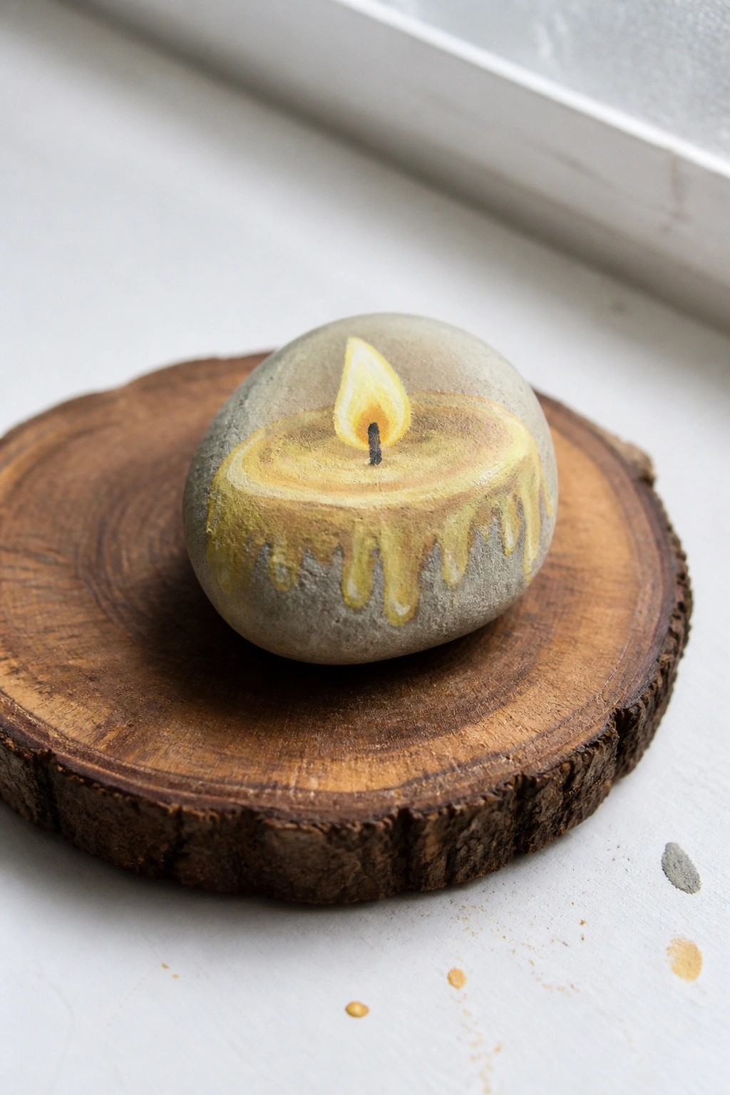 Stone painted as dripping yellow candle with flame on wooden slice