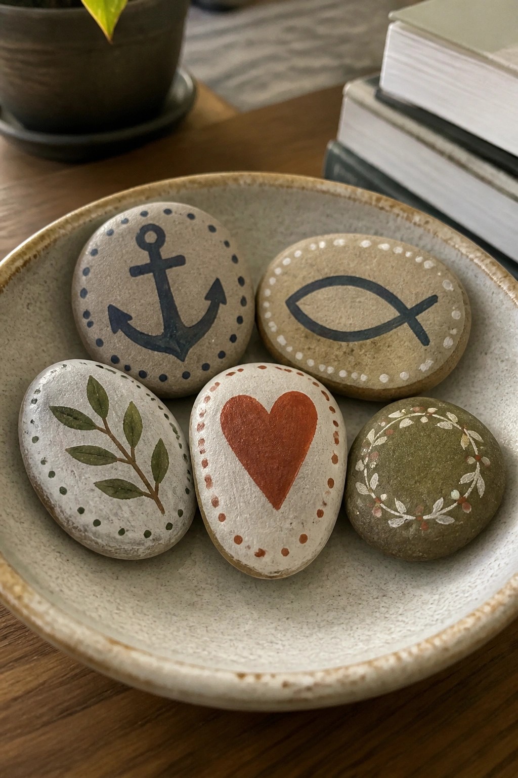Five painted stones with anchor, fish, heart, leaves and wreath in a bowl.