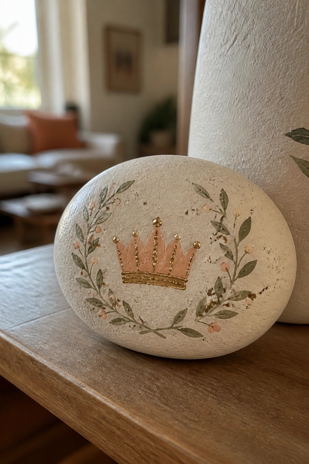 Oval stone painted with pink gold crown inside leafy branch wreath on wood